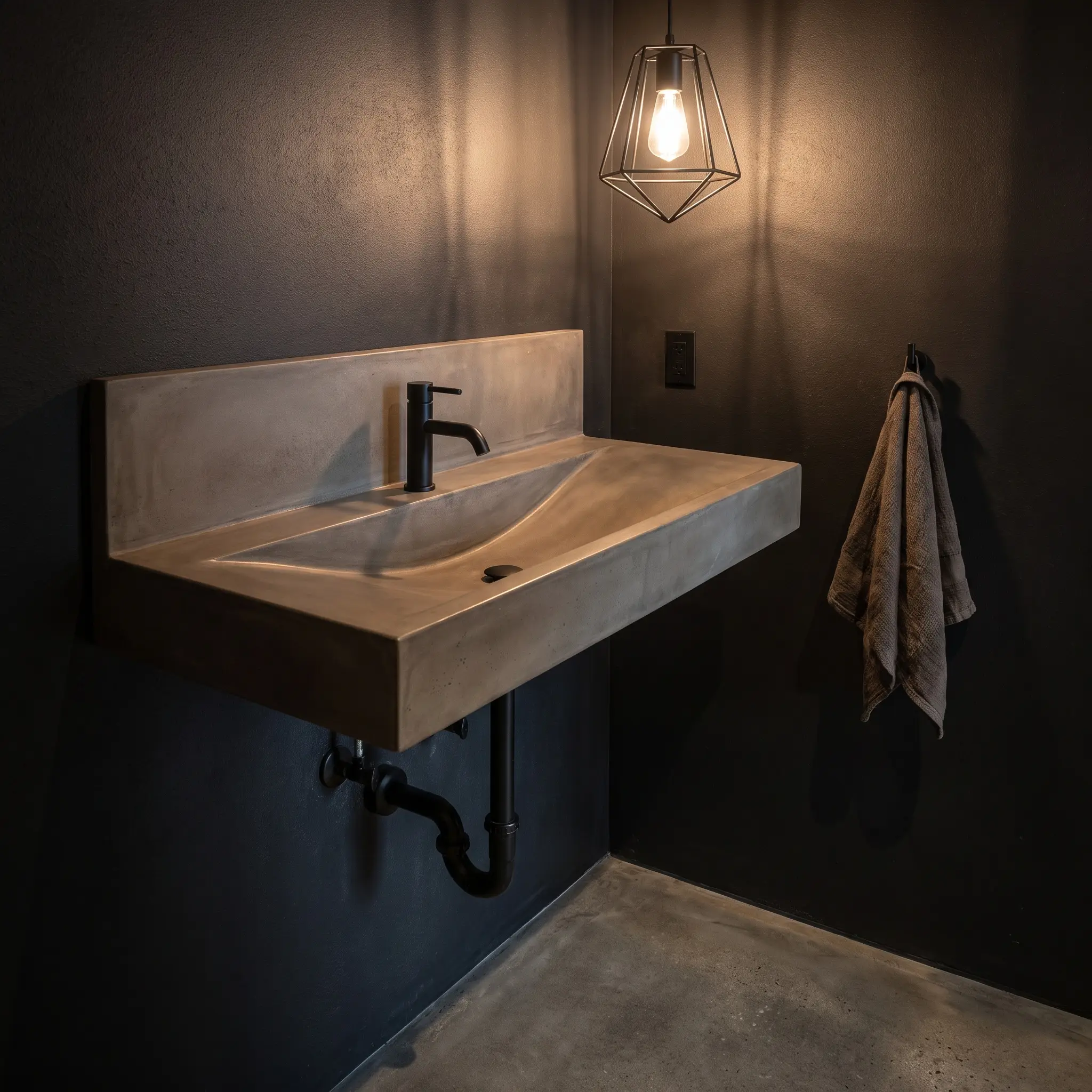 A wall-mounted warm gray cast concrete trough sink reveals exposed decorative matte black plumbing and a matching single-handle faucet in a compact powder room.