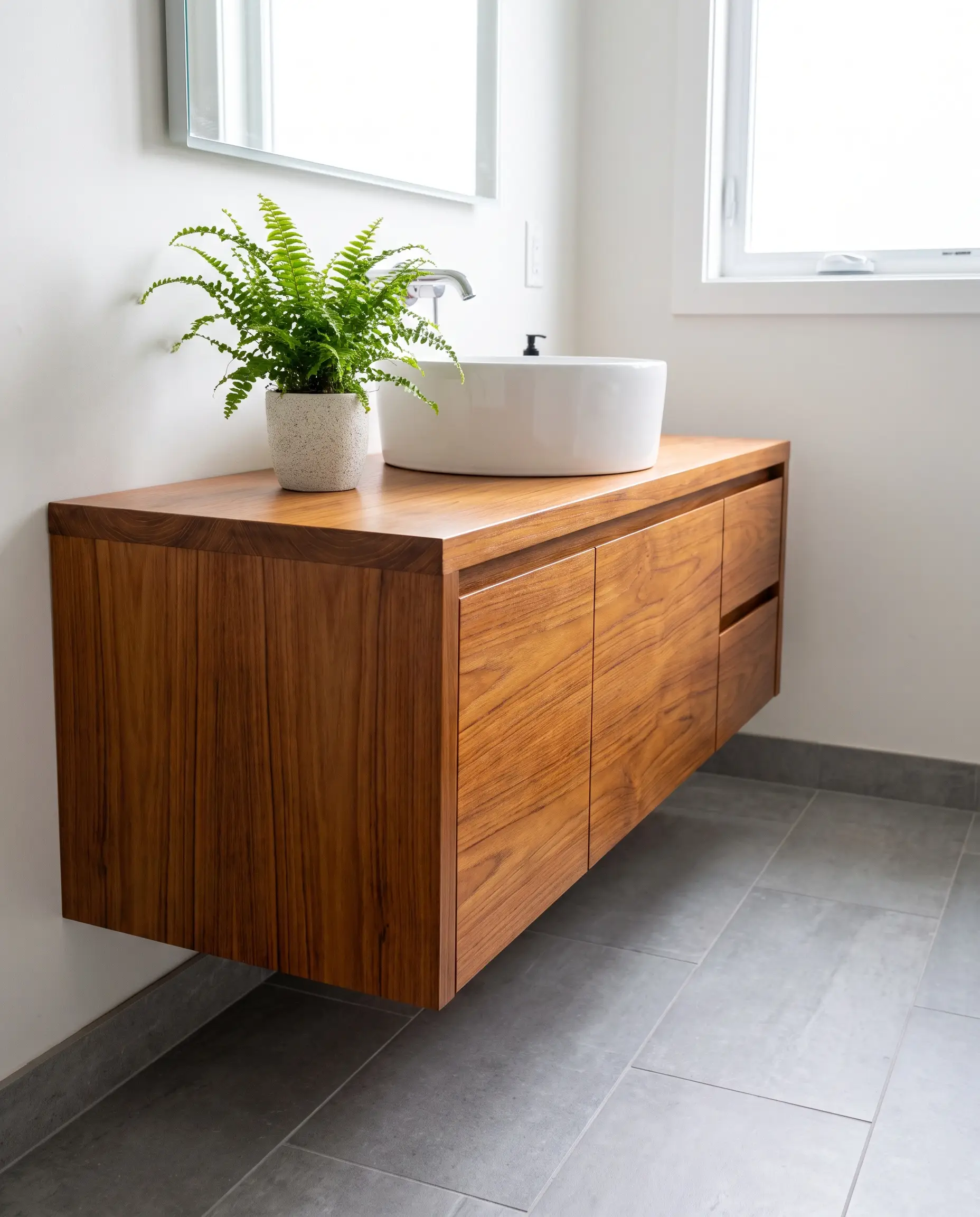 A wall-mounted floating solid teak vanity with a white ceramic basin hovers over a cool gray tile floor in a spa-like bathroom.