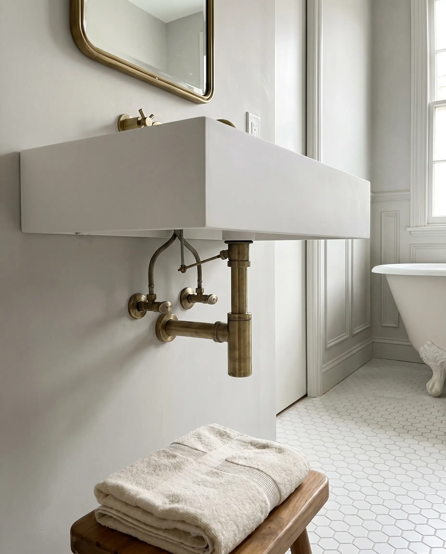 A raw brass bottle trap and exposed supply lines sit beneath a wall-mounted matte white solid surface resin trough sink.
