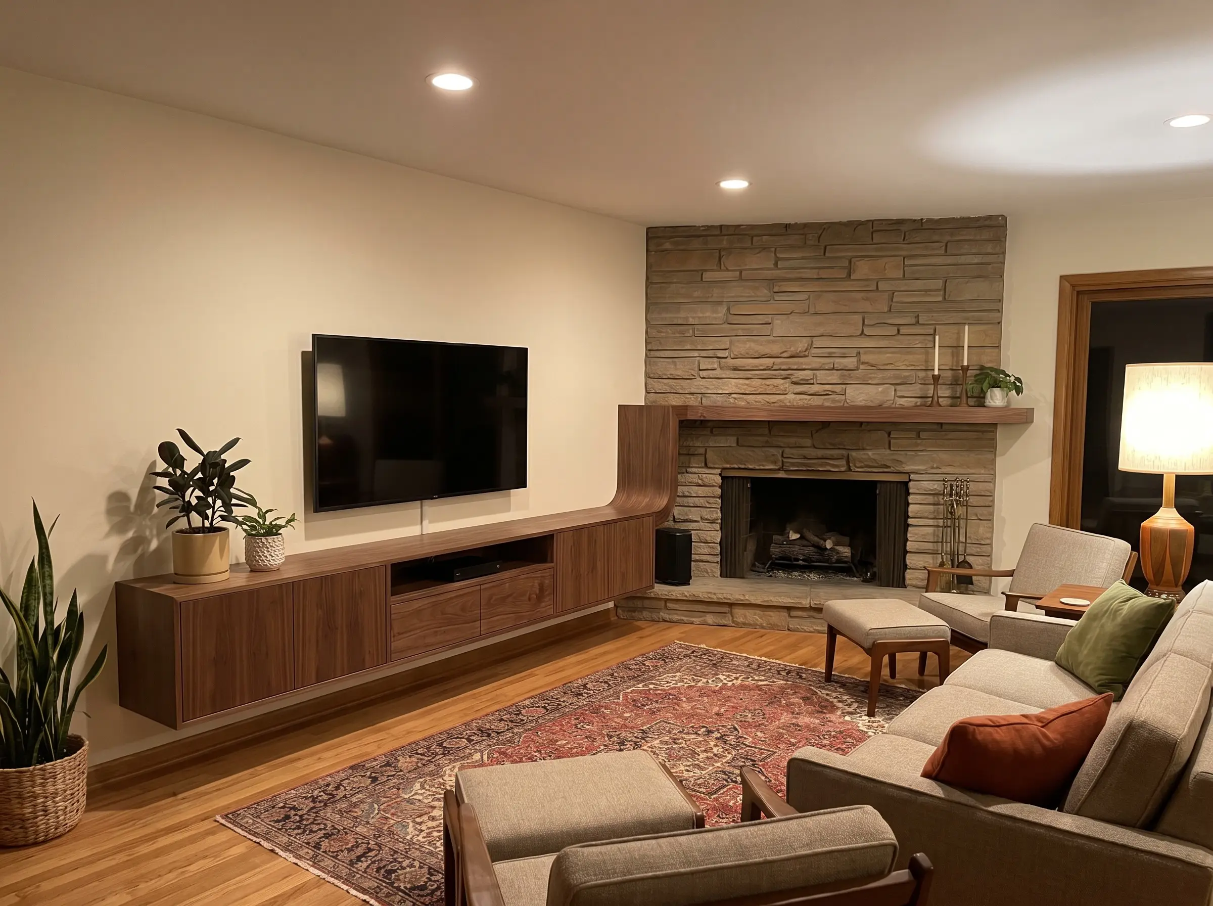 A natural walnut veneer floating media console meets a corner fireplace with a matching walnut mantelpiece, establishing a continuous sightline for a tv and fireplace layout.