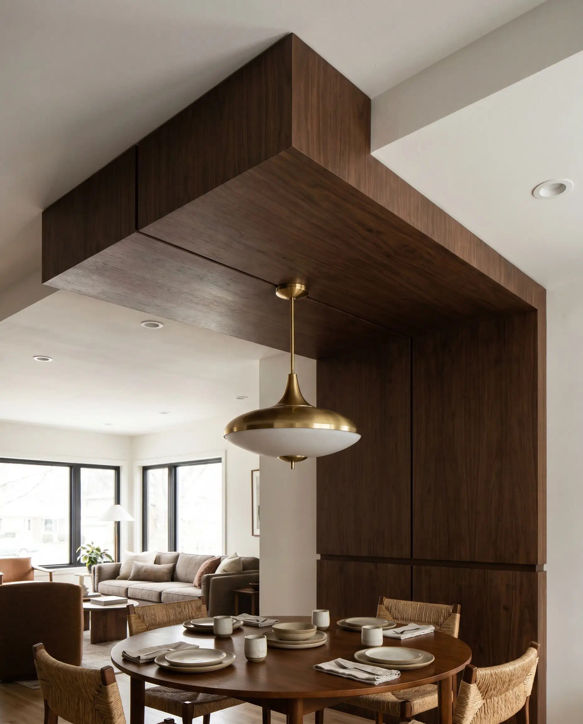 A localized wood veneer bulkhead stained in Special Walnut drops over an intimate dining zone anchored by a mid-century modern pendant and wooden chairs.