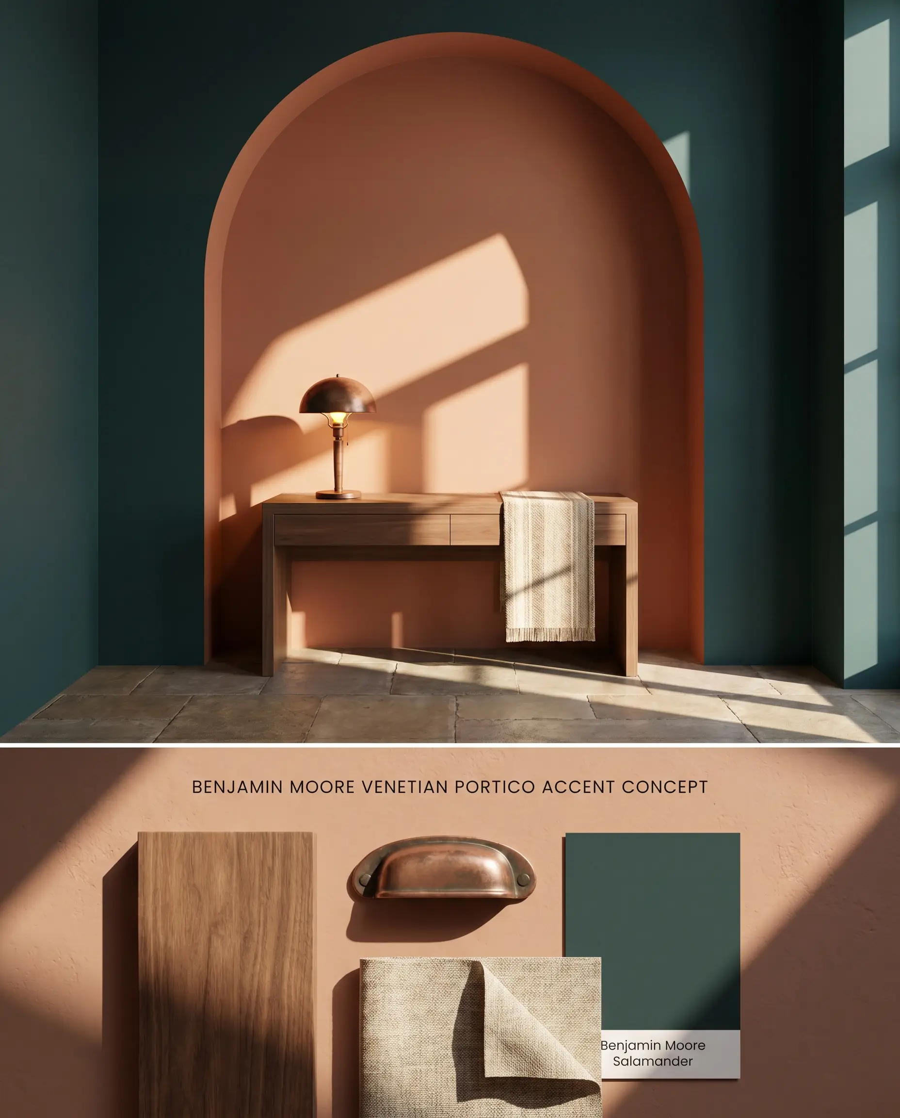 A split digital conceptual board for a prominent architectural archway painted in a mid-tone plaster look bathed in direct Southern light, positioned above a physical flat-lay containing matte walnut wood and aged copper.