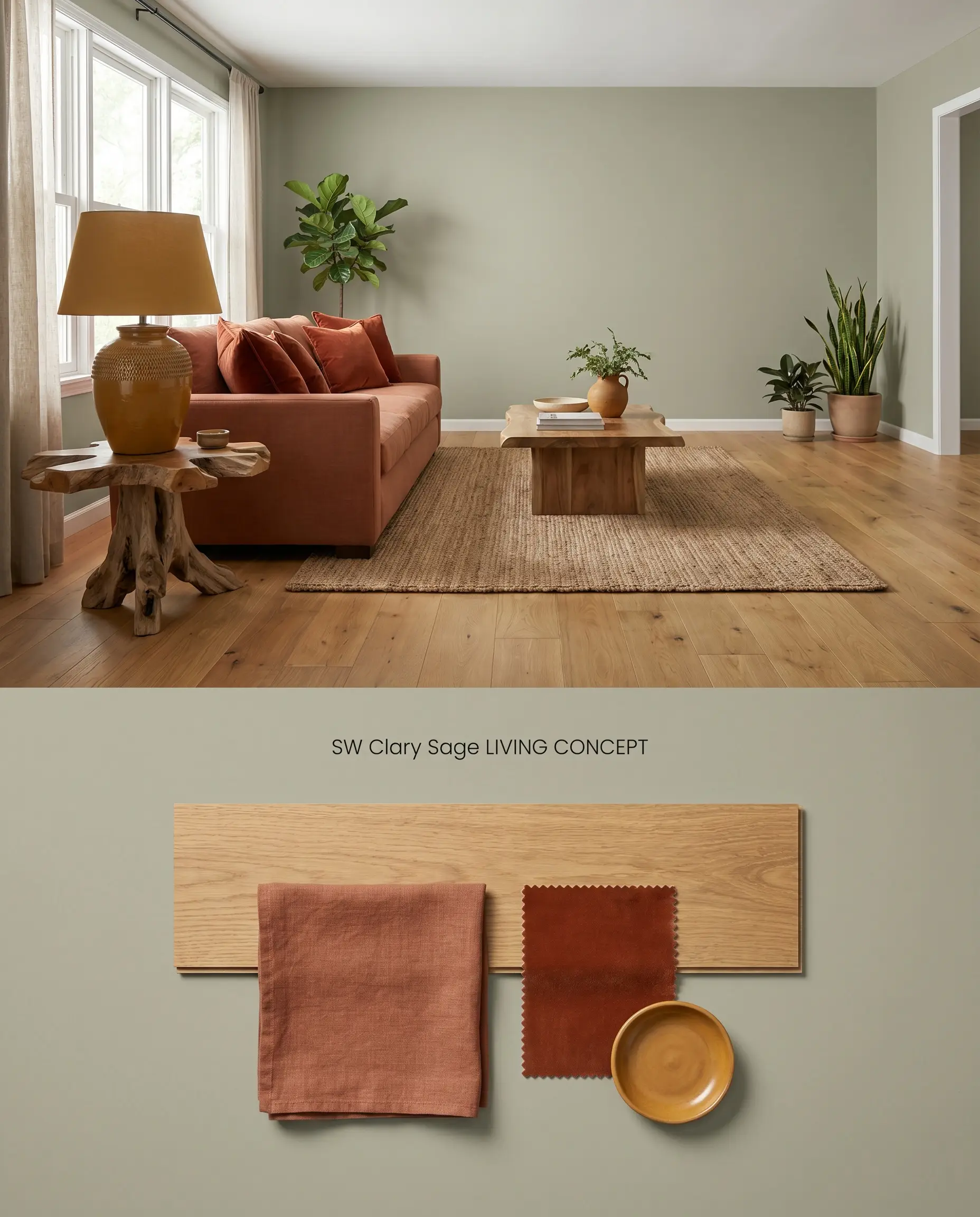A split digital conceptual board featuring a living room painted in Sherwin-Williams 6178 above, and a flat-lay with terracotta linen below.