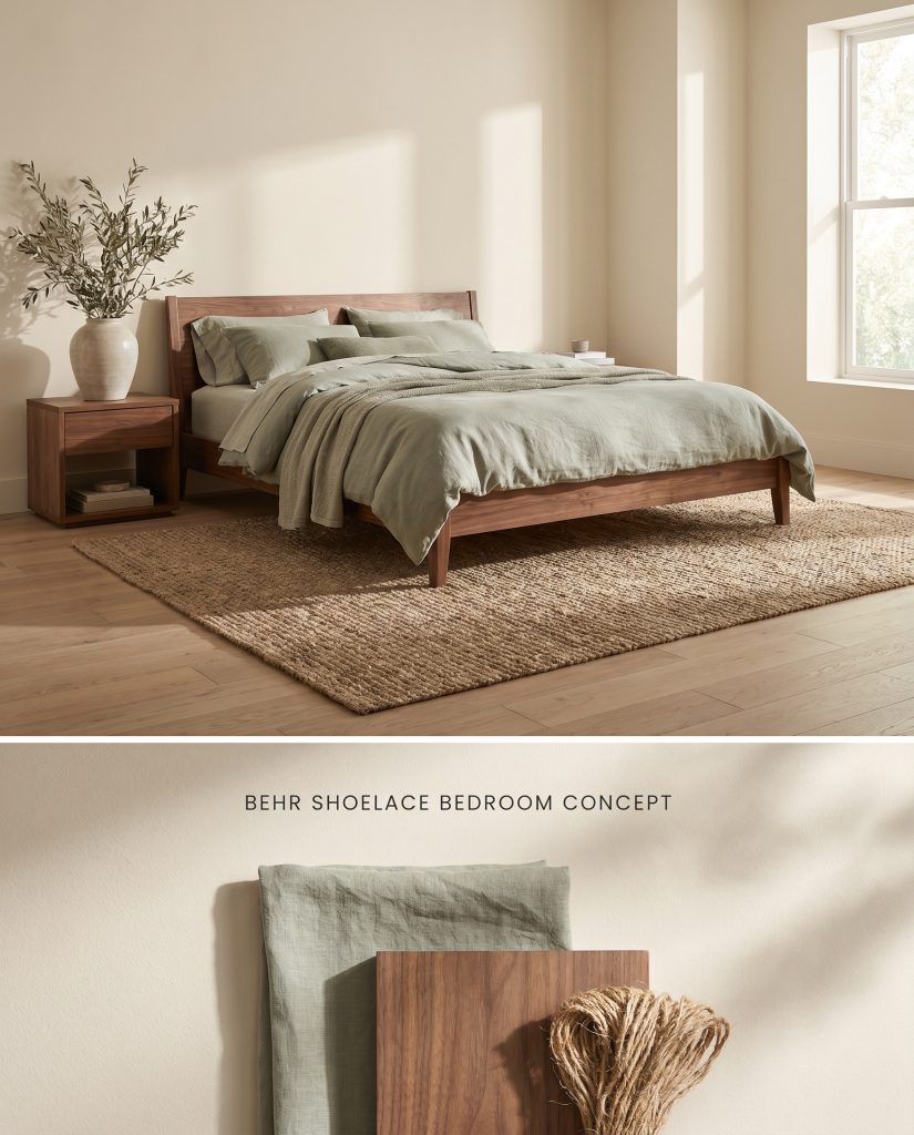 A composite digital board showcasing a serene bedroom painted in OR-W13 above, anchored by tactile jute and walnut samples underneath.