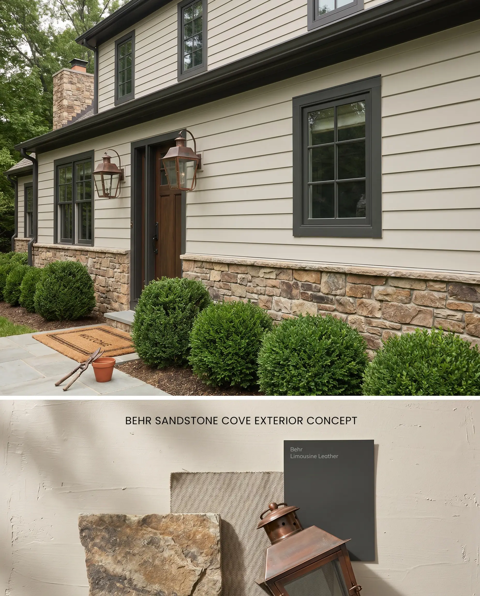 A dual-pane material reference displaying a low chroma sandy white home exterior above, and a flat-lay with natural stone and copper below.