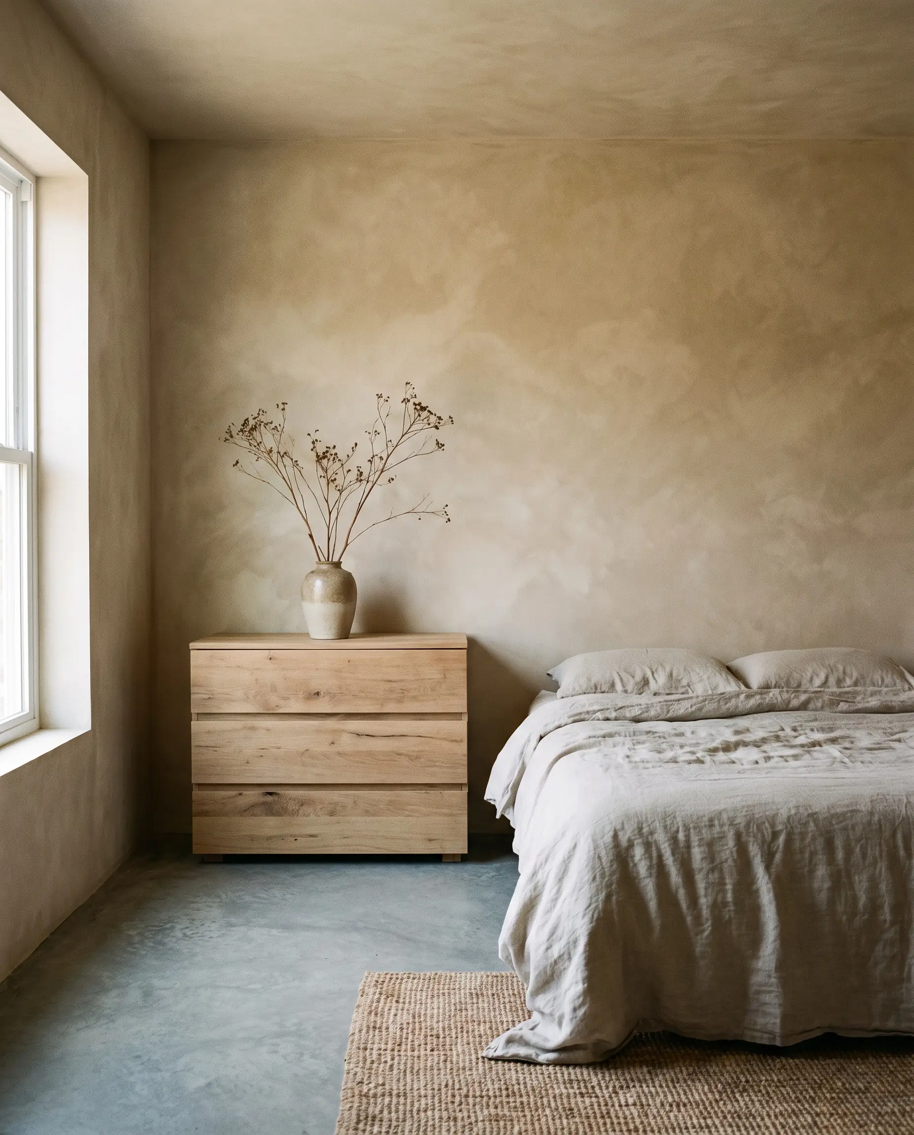 A warm beige limewash wall treatment complements gray flooring in an approachable bedroom featuring a raw wood dresser and ceramic vase.