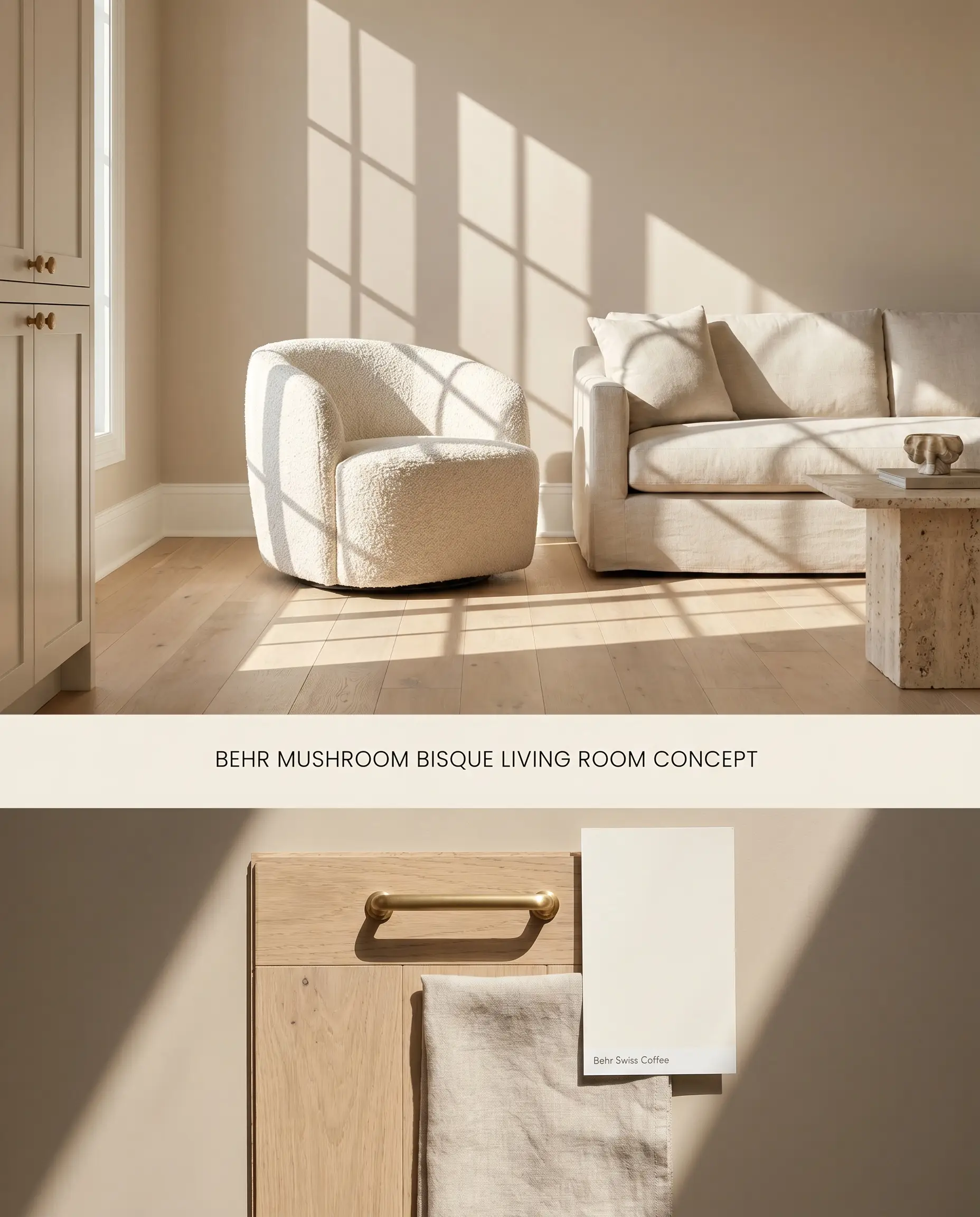 A split digital conceptual board featuring a warm beige living room with white oak flooring on top, and a textured flat-lay with brass, linen, and coordinating trim samples below.
