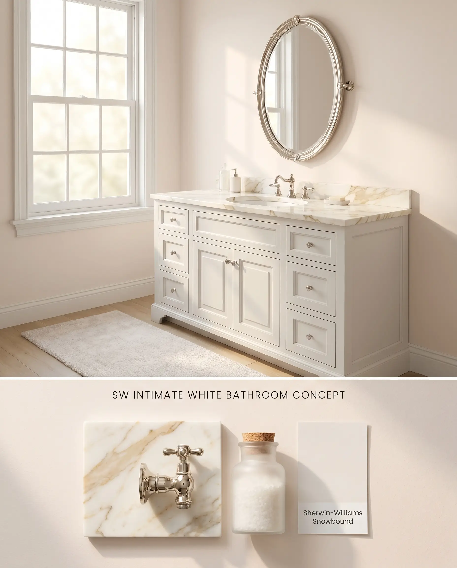 A split digital conceptual board for a bathroom highlighting walls with peach undertones and a Calacatta marble vanity, set above a coordinating physical material flat-lay.