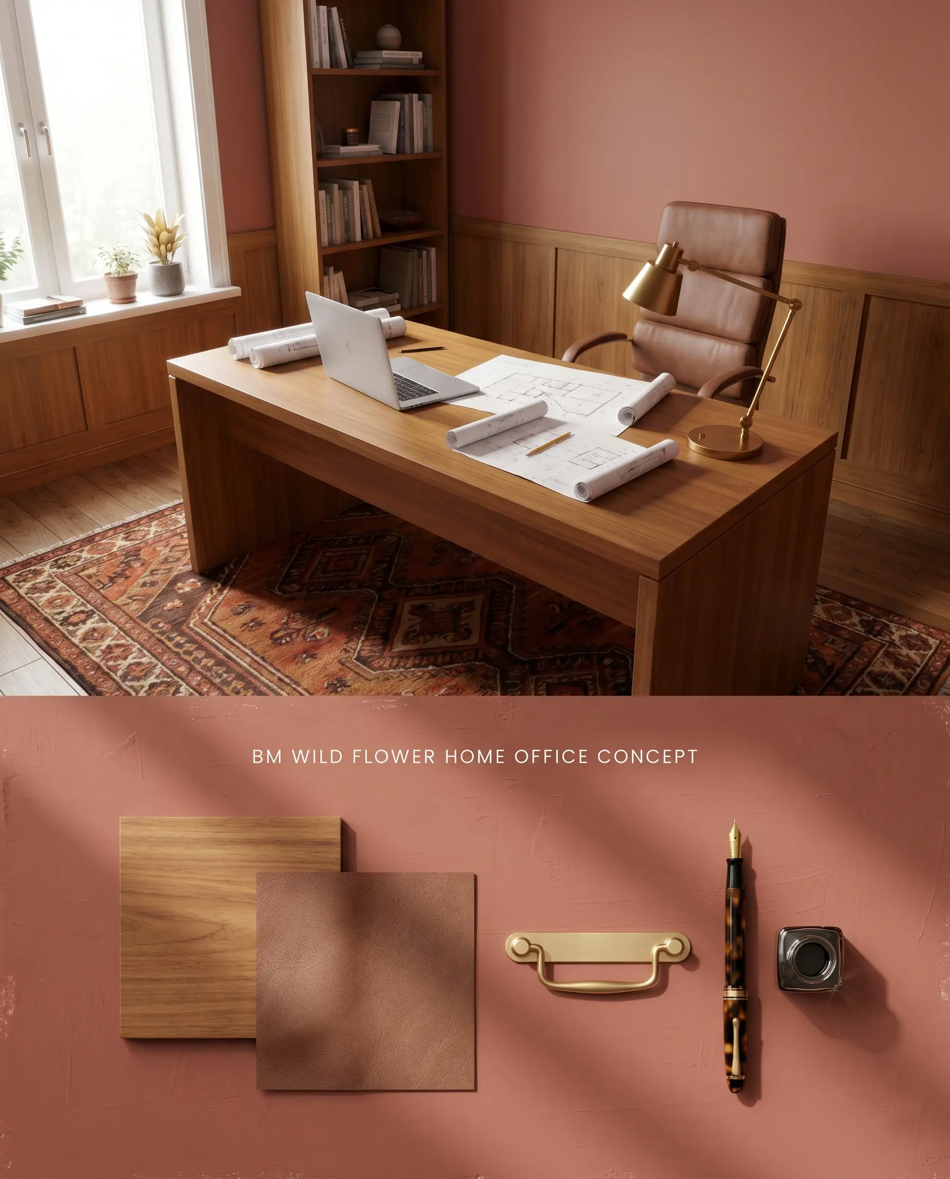 A split digital conceptual board for a home office featuring Benjamin Moore Wild Flower upper walls and teak wainscoting, above a flat-lay of leather and brass.
