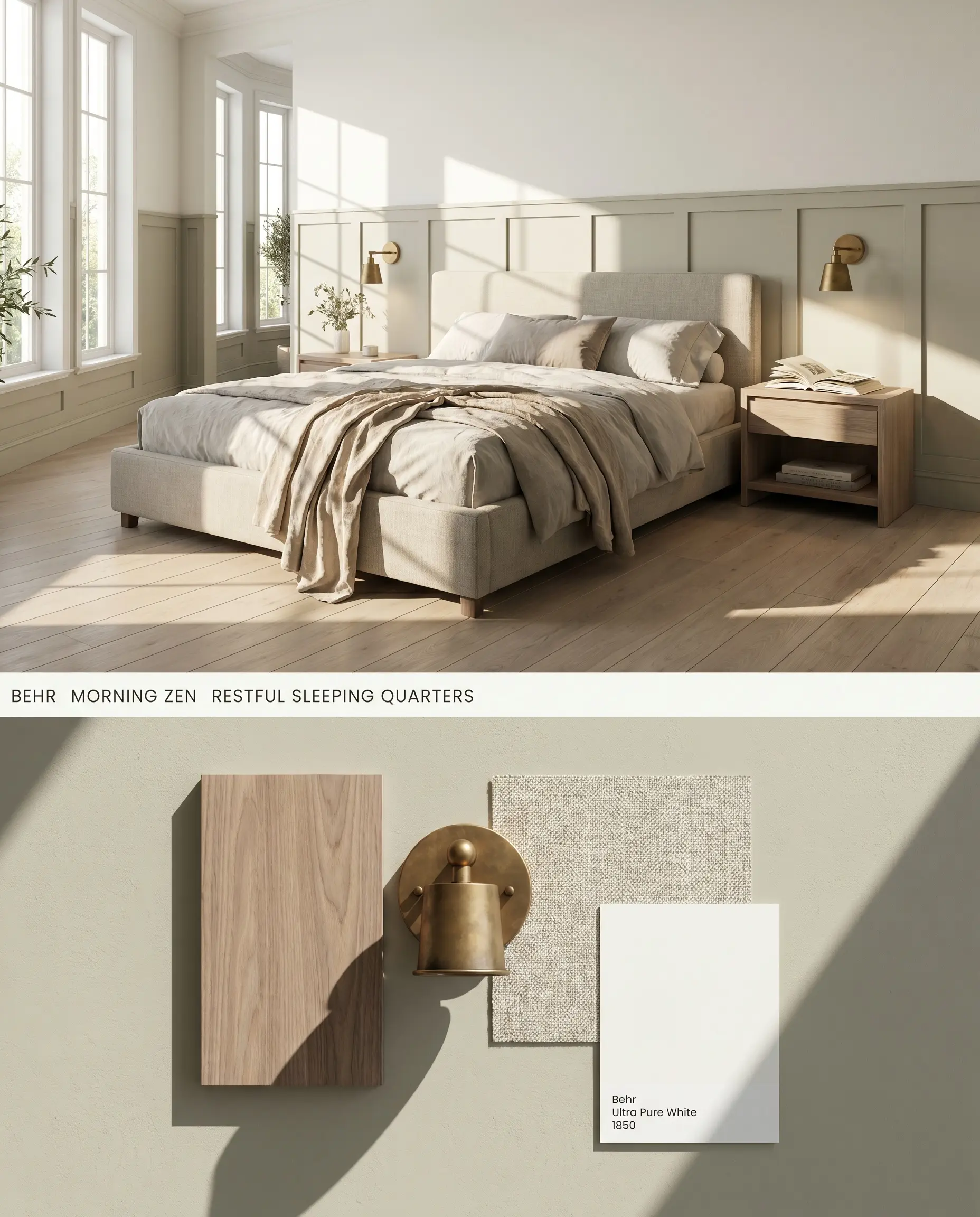 A split digital conceptual board displaying a primary suite with sage green wainscoting on top, and a textured flat-lay of Belgian linen and bleached walnut below.