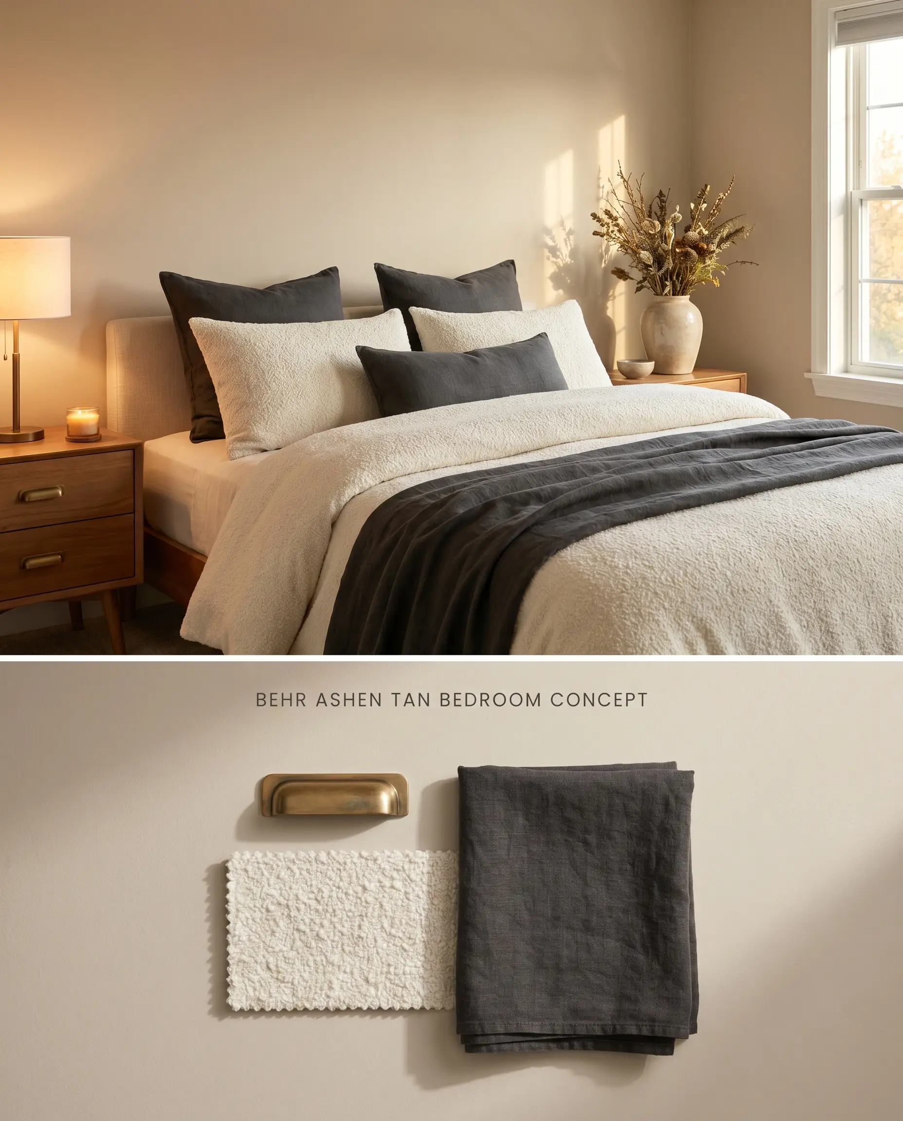 A split digital visualization featuring a cozy bedroom painted in Ashen Tan above a textured flat-lay of unlacquered brass, ivory boucle, and charcoal linen.