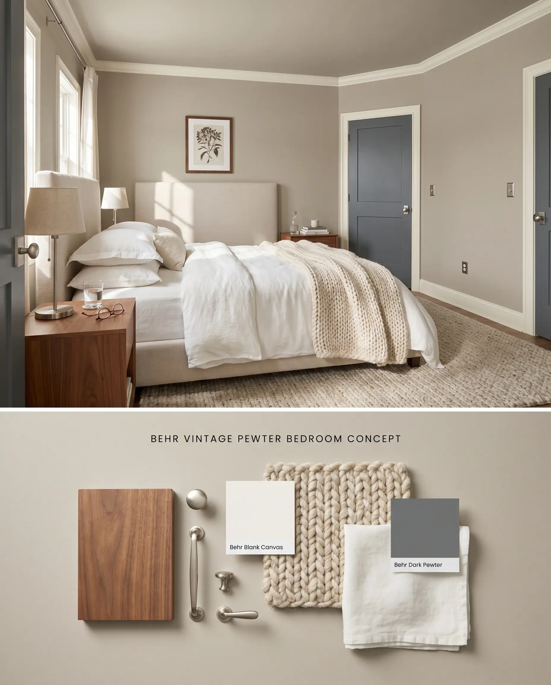 A split digital conceptual board featuring a cozy bedroom painted in Behr Vintage Pewter on the top, with a textured flat-lay of smooth walnut and brushed nickel hardware on the bottom.