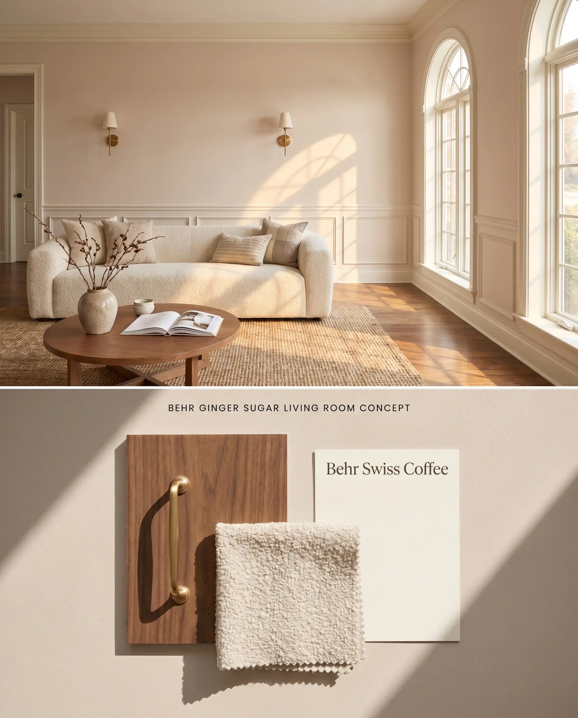 A split digital conceptual board for a living room featuring a warm greige top shot with south-facing light, and a textured bottom section displaying walnut, brass, and boucle physical materials.