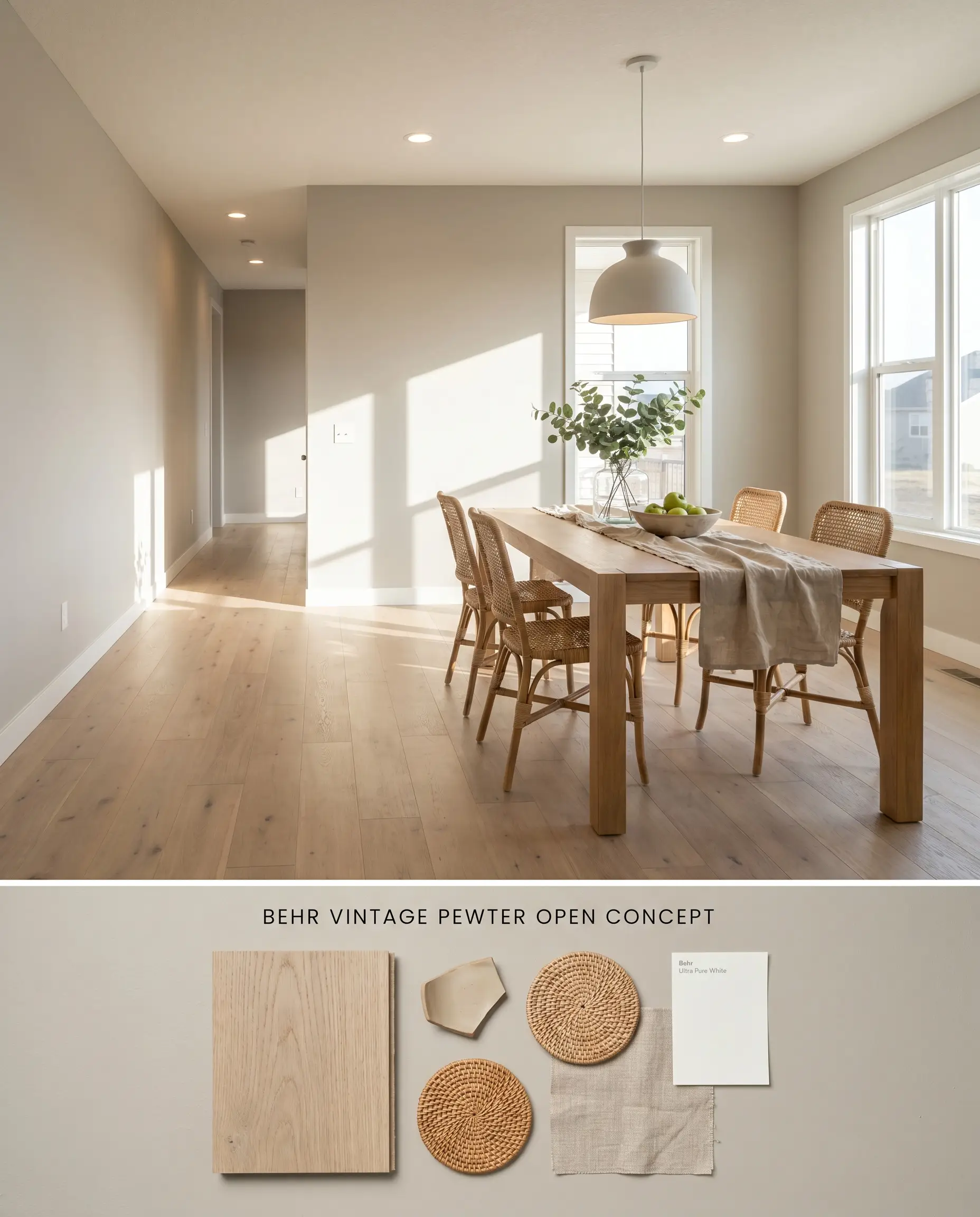 A split digital conceptual board presenting an open-concept dining area painted in Vintage Pewter DC-009 on top, with a textured layout of wire-brushed white oak and matte ceramic on the bottom.