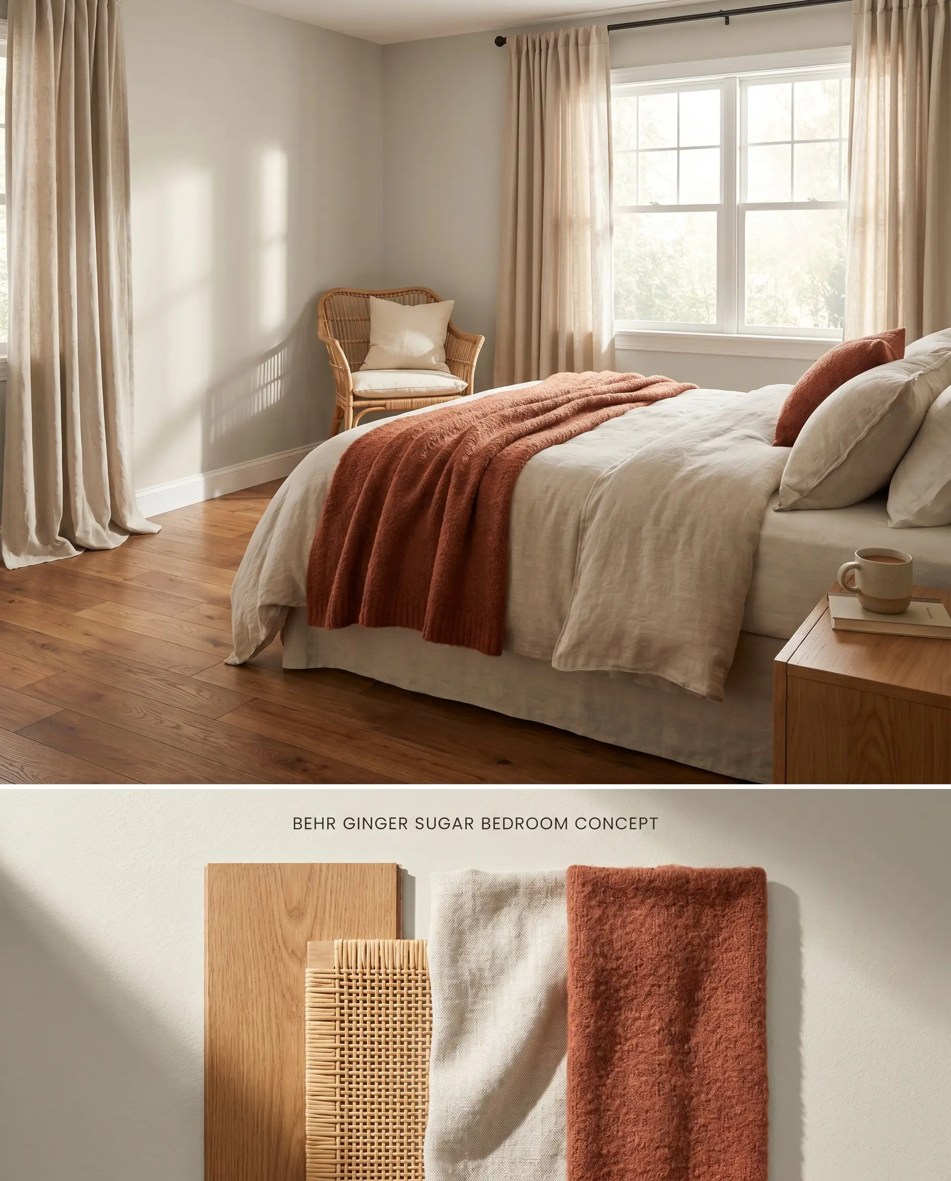 A split digital conceptual board for a bedroom displaying a warm neutral wall color above a textured layout of oak planks, woven rattan, and terracotta wool swatches.
