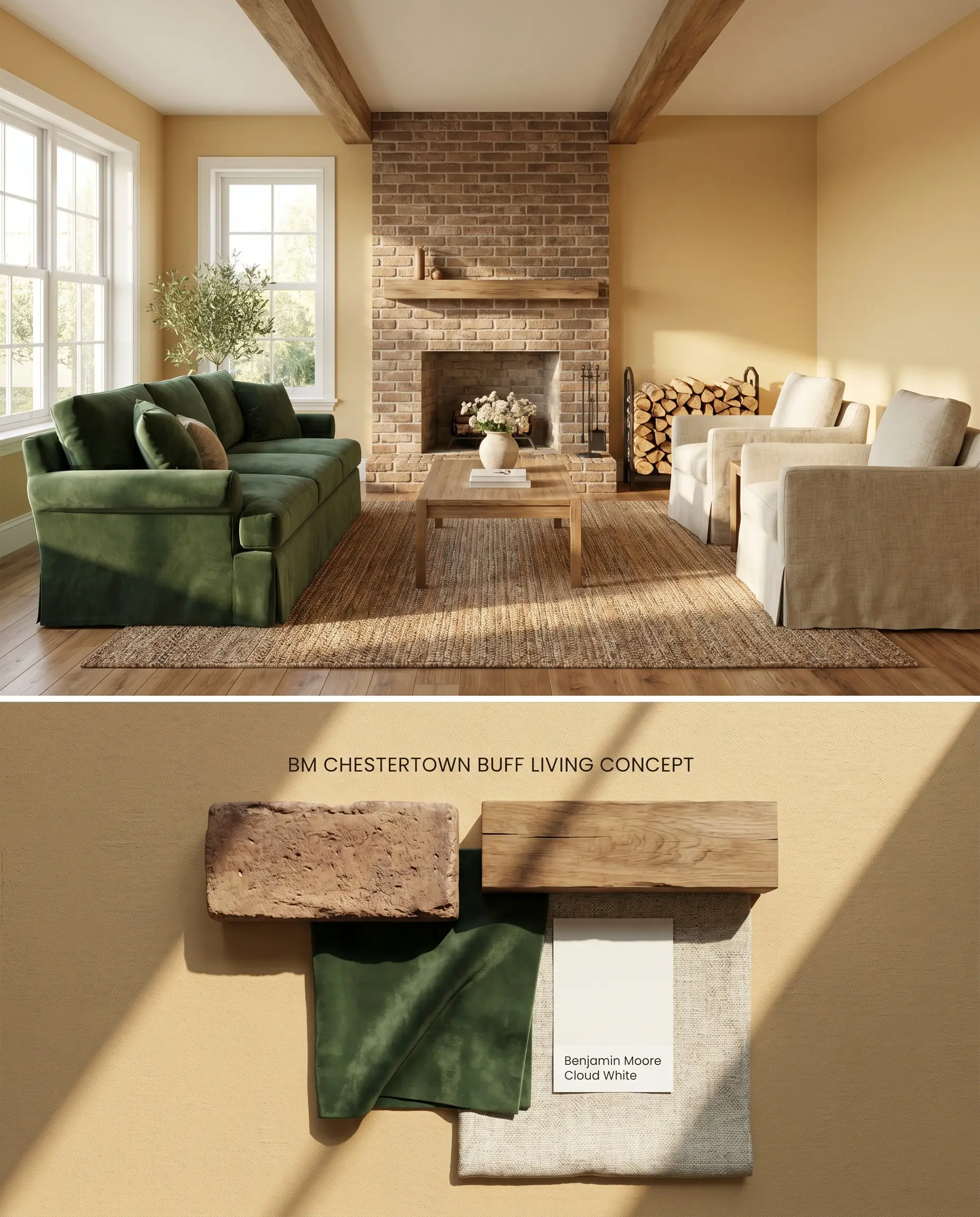 A split digital conceptual board for a cozy living area highlighting an earthy honey hue on the walls, while the textured bottom section displays tumbled brown brick and forest green velvet.