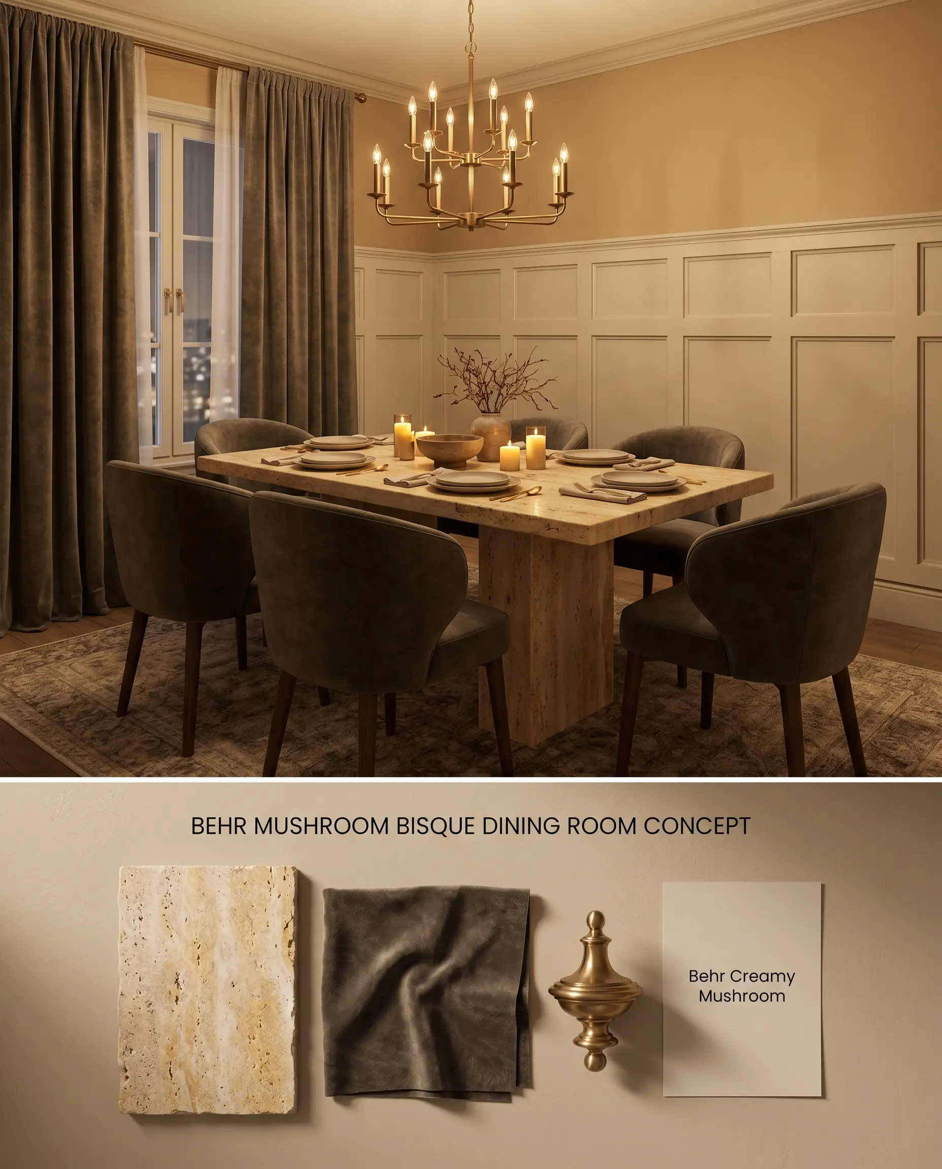 A split digital conceptual board showing an intimate dining room with earthy brown upper walls and wainscoting on top, and a flat-lay featuring travertine, matte velvet, and coordinating paint samples below.
