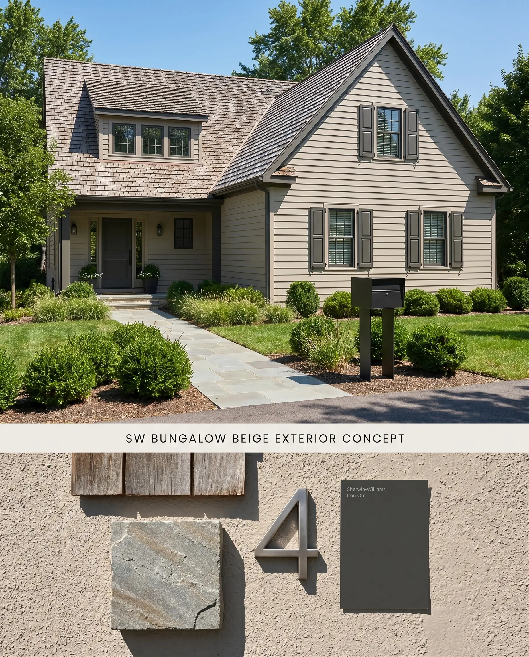 A split digital conceptual board presenting a home exterior painted in an earthy beige, paired with a bottom section featuring weathered wood shingles and bluestone pavers.