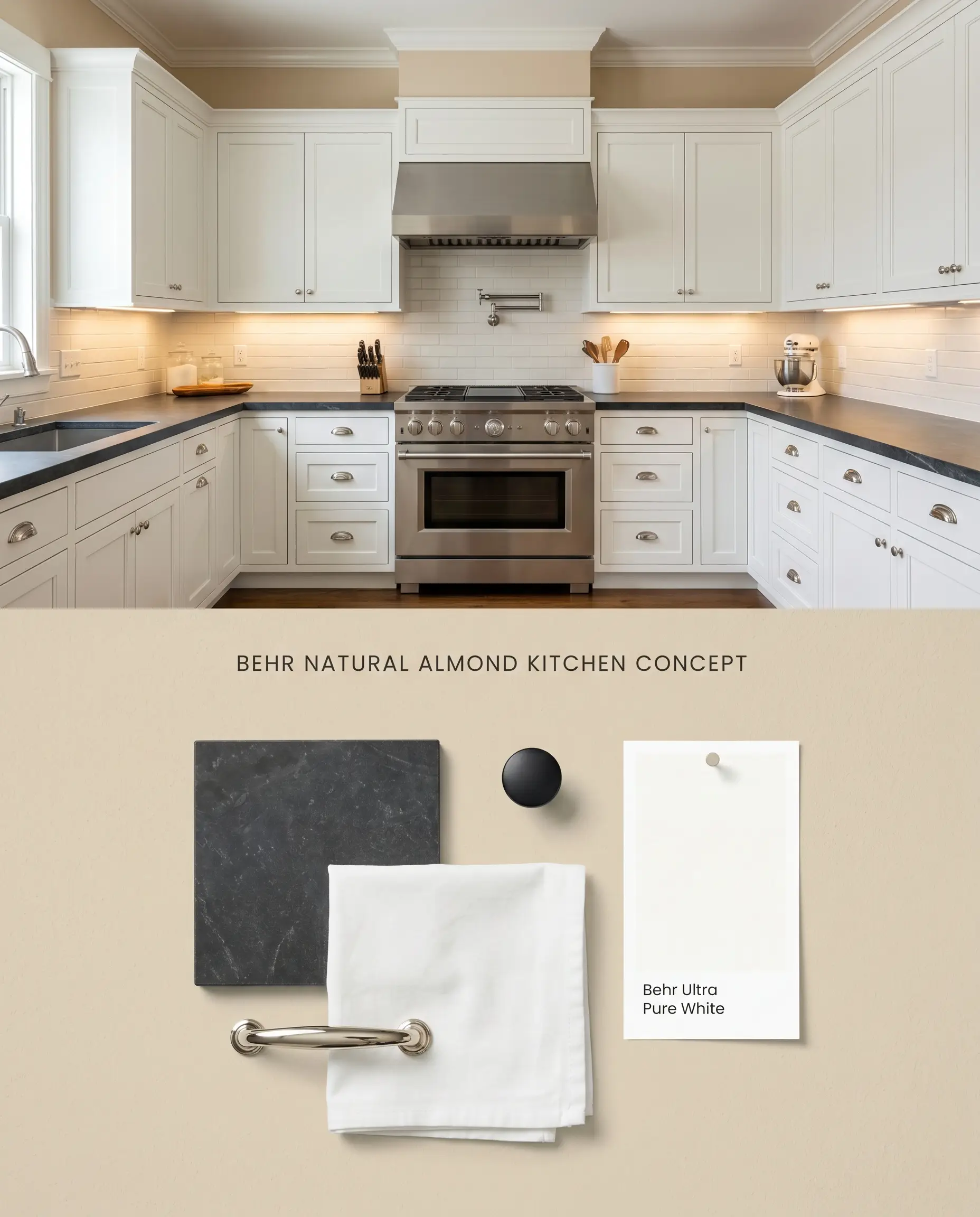 A split digital conceptual board for a traditional kitchen combining canvas beige perimeter walls above with a physical flat-lay of dark stone and polished nickel hardware below.