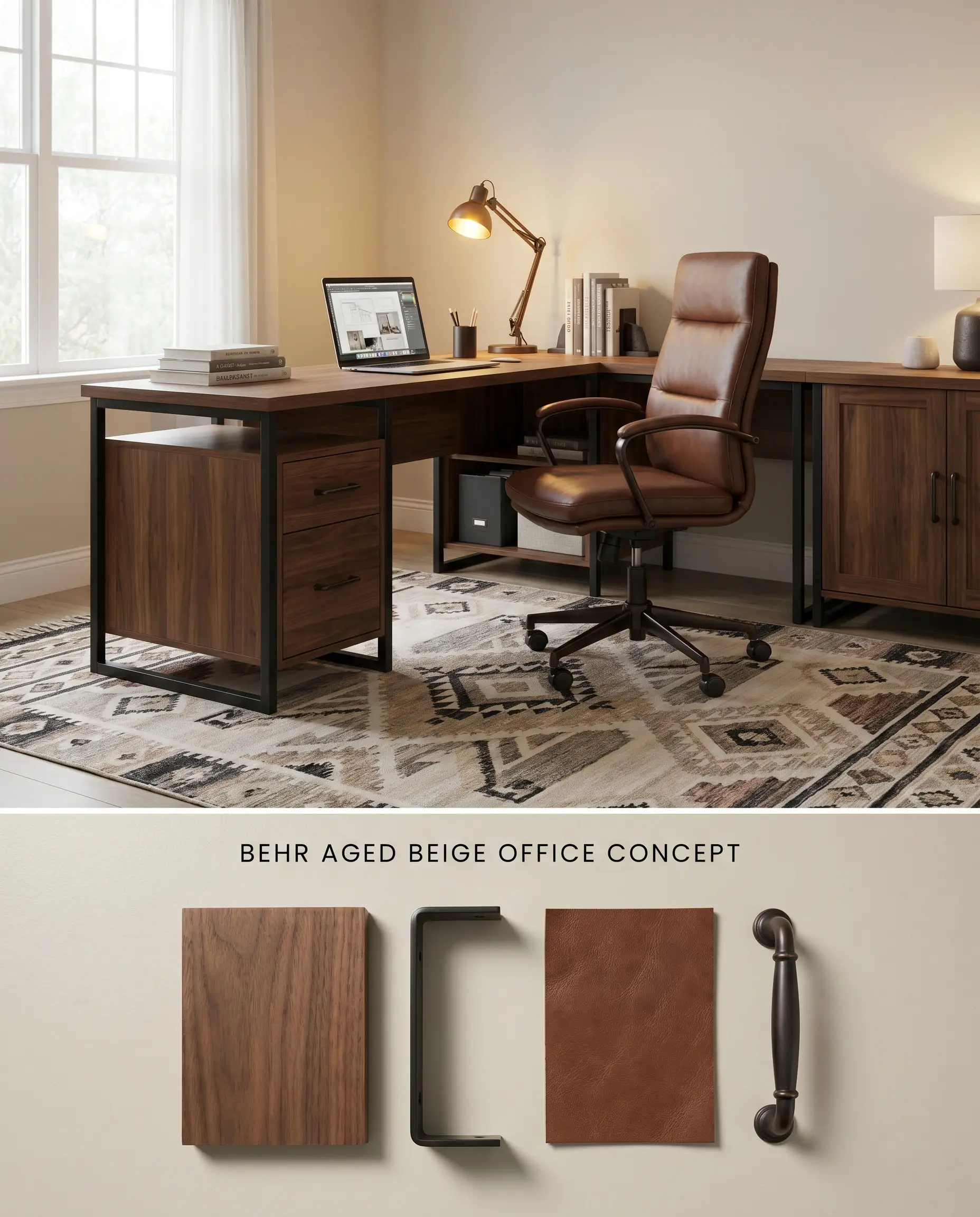 A split digital conceptual board presenting a Behr PPU7-09 home office over a textured bottom section containing walnut wood, matte black metal, and leather swatches.