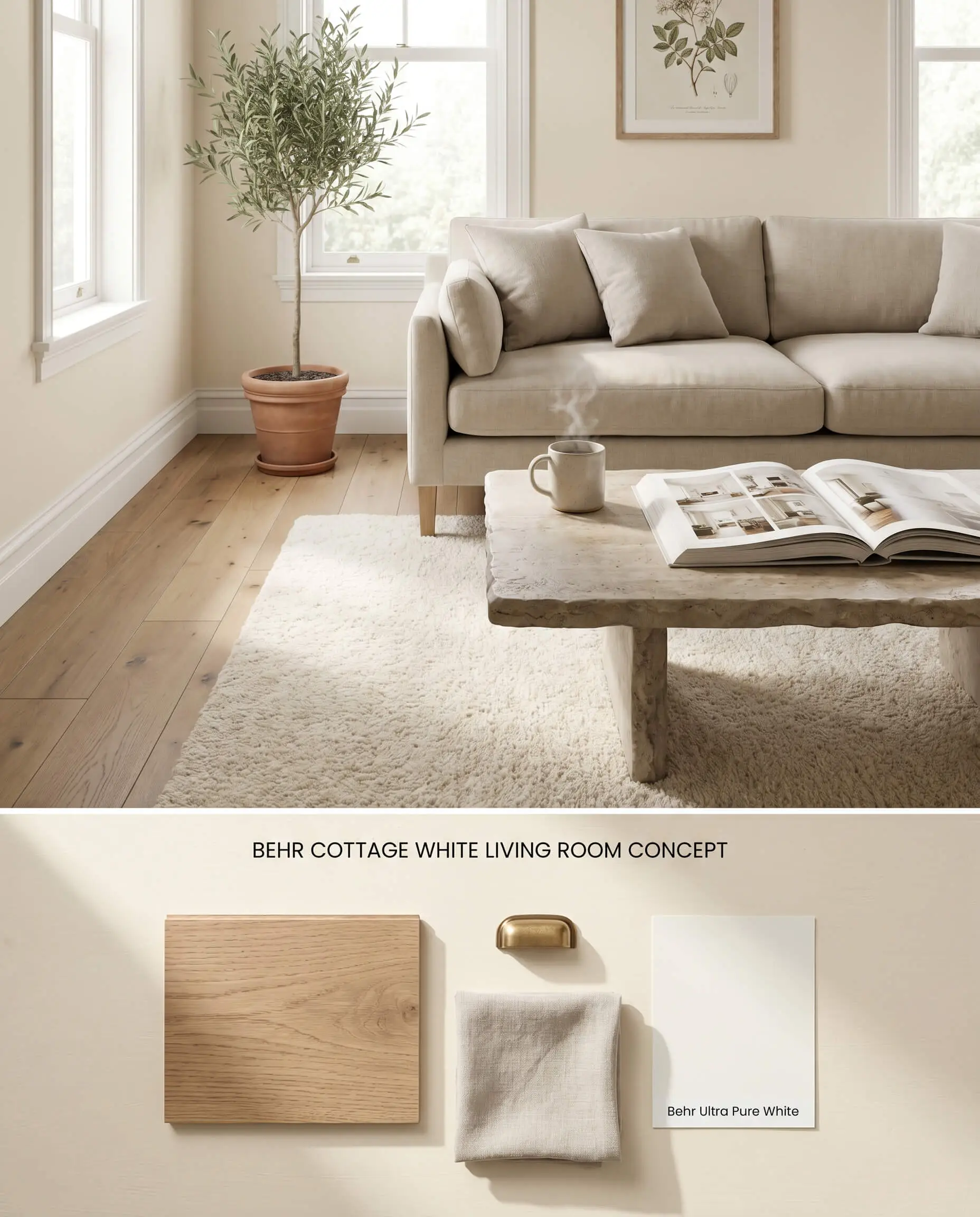 A split digital conceptual board for a living room, displaying a sunlit farmhouse space above and tactile European oak, brass hardware, and linen swatches below.