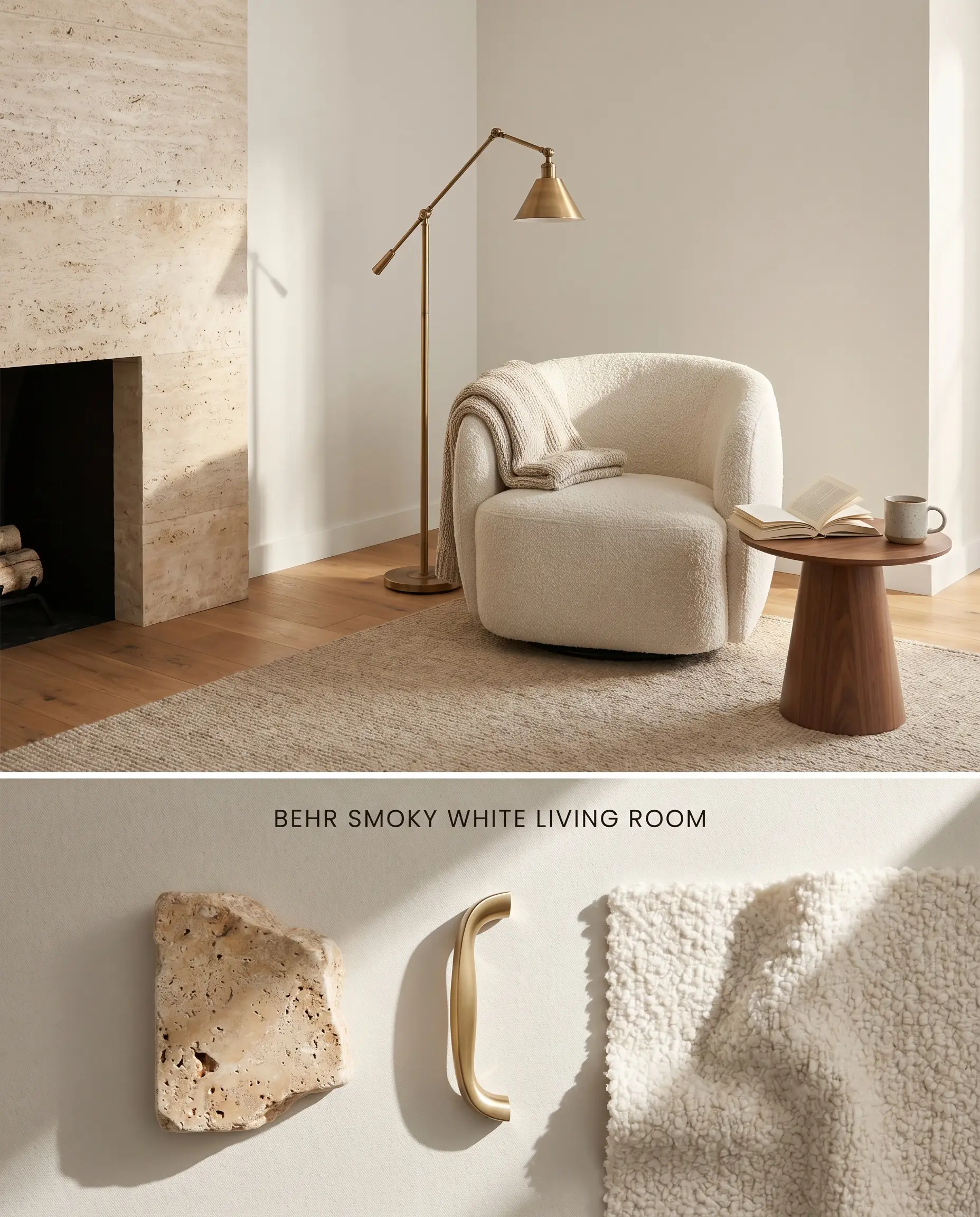 A split digital conceptual board for a living room featuring warm off-white walls above a physical flat-lay of rough travertine, brass, and nubby boucle.