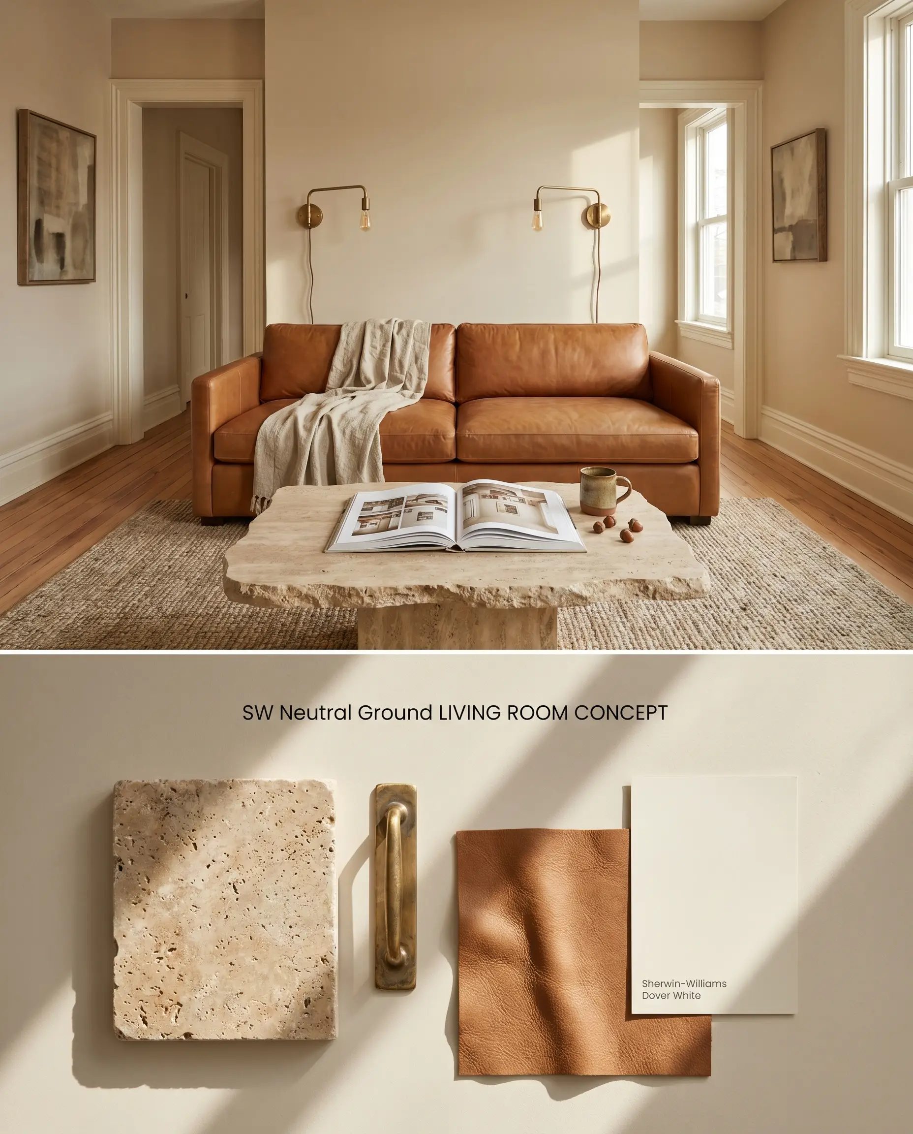 A split digital conceptual board displaying a warm off-white living room on top, and a textured flat-lay with travertine and brass hardware below.
