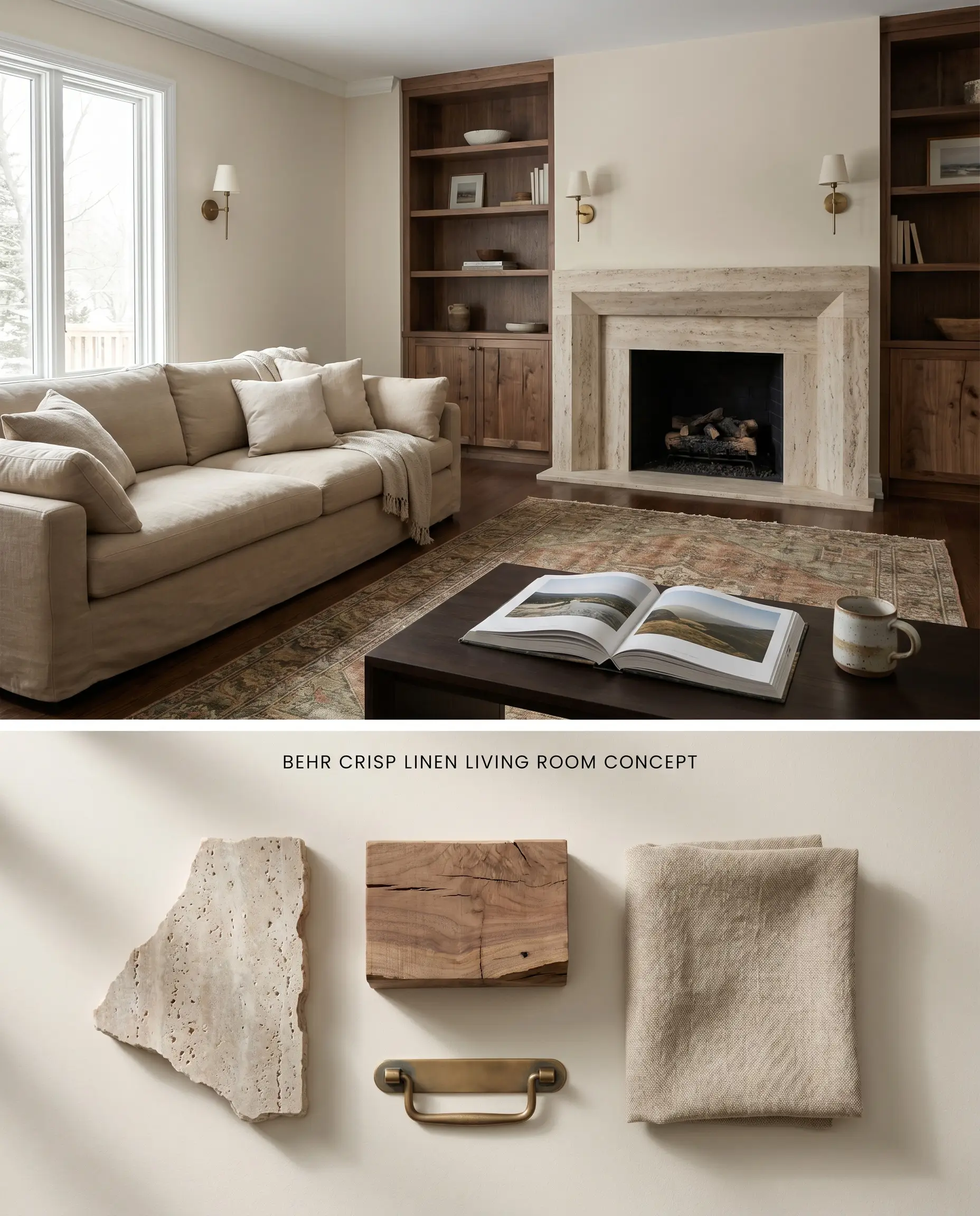 A split digital conceptual board for a living room showcasing a warm off-white hue alongside a tactile flat-lay of travertine, raw walnut, and beige linen.