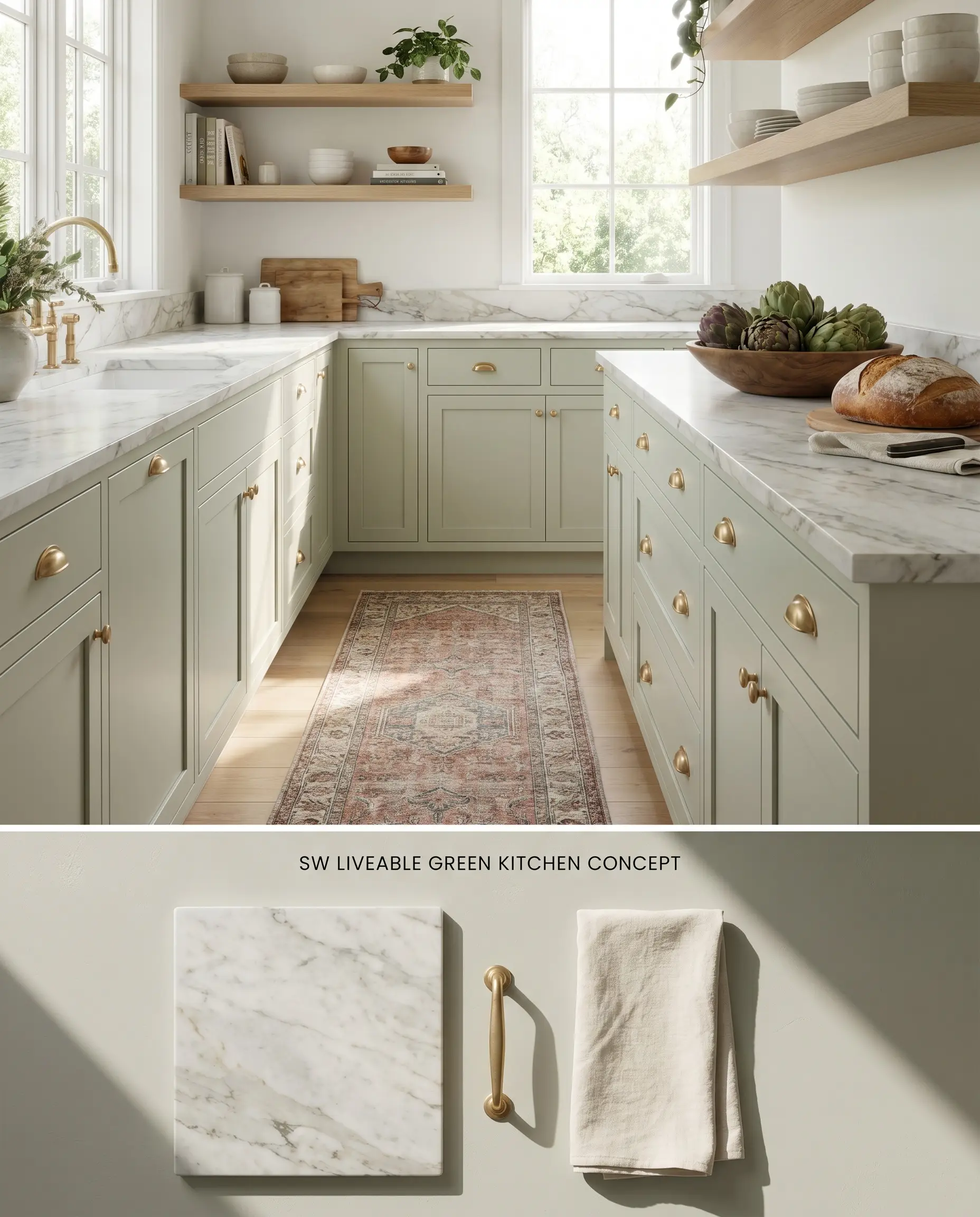 A split digital conceptual board for a kitchen showcasing warm sage lower cabinets with Danby marble countertops above, and physical material textures below.