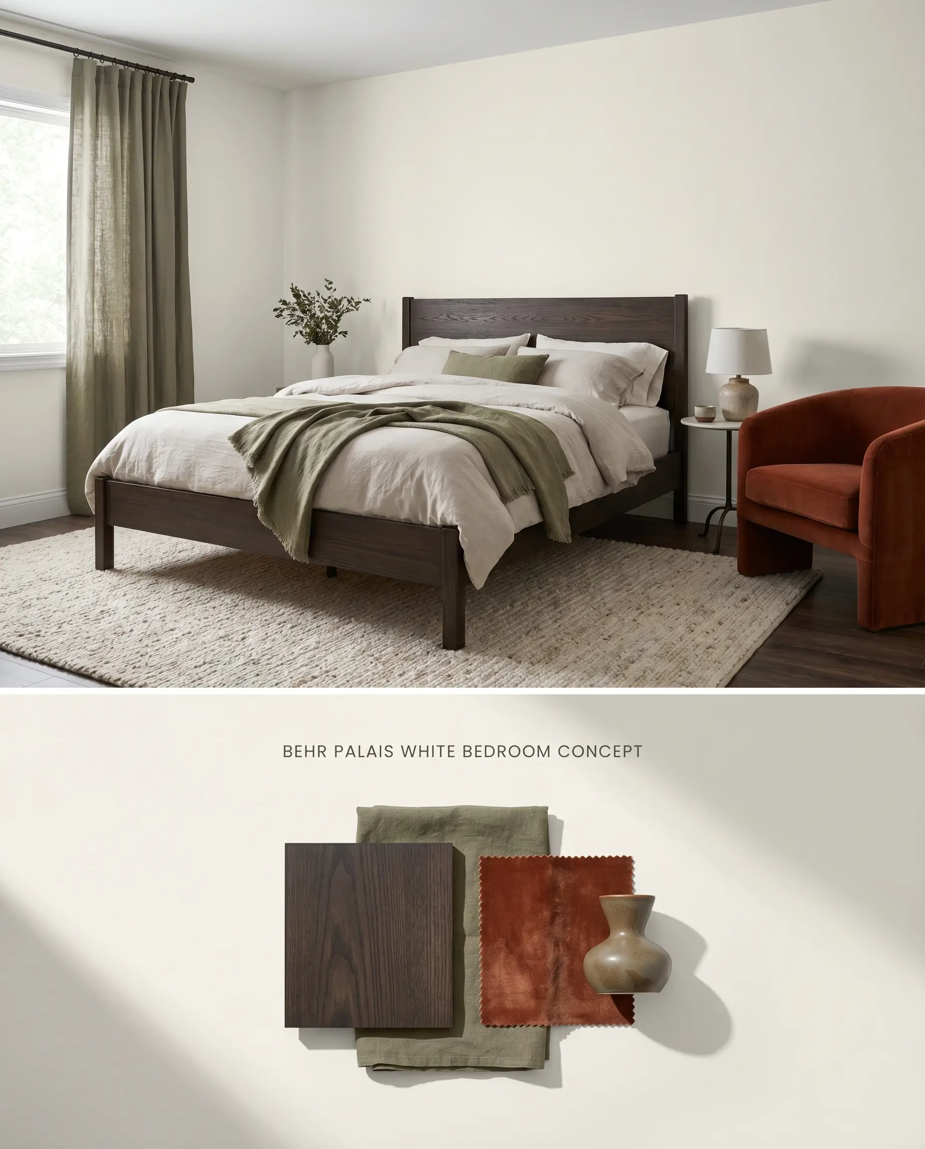 A split digital conceptual board illustrating a cozy bedroom painted in Behr Palais White over physical swatches of espresso-stained ash wood and rust velvet.