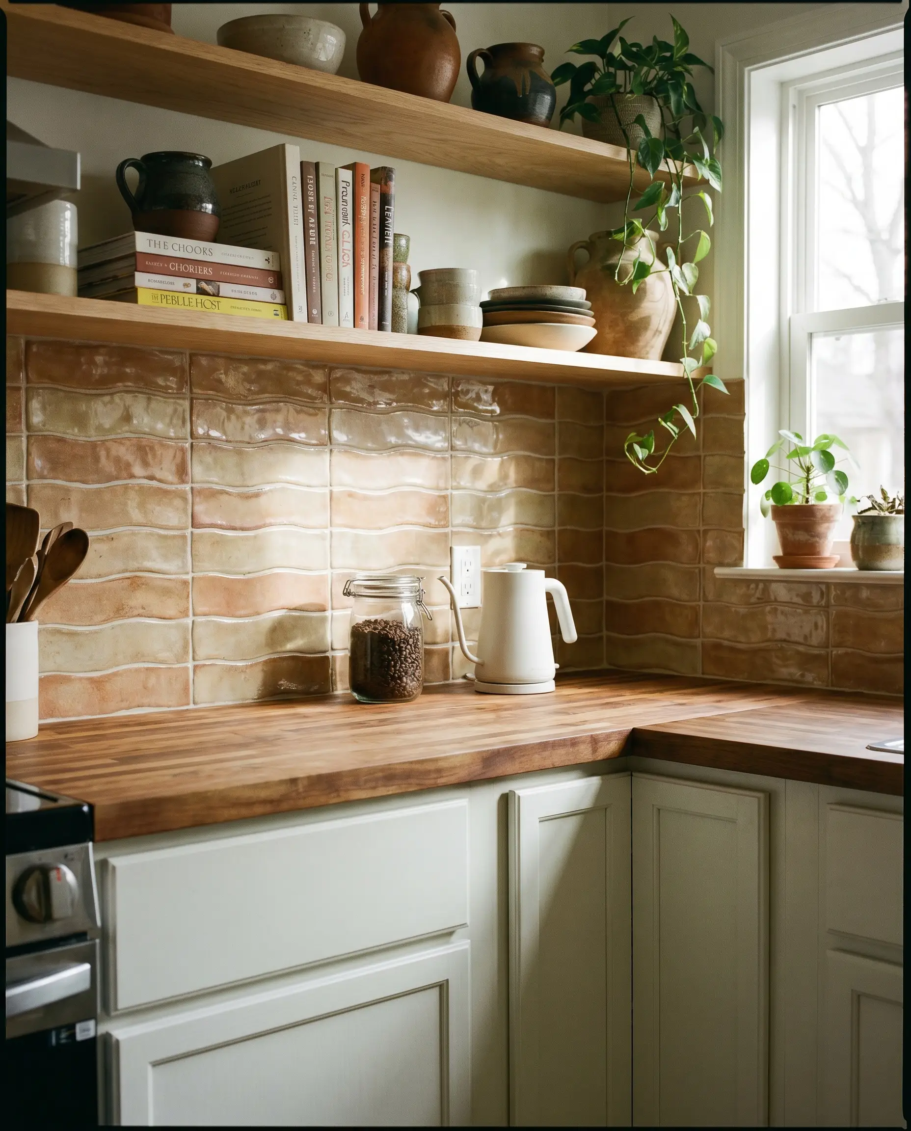 A 3x8-inch wavy-edge glazed ceramic backsplash with standard grout joints pairs with a warm butcher block countertop and Benjamin Moore Chantilly Lace cabinetry.