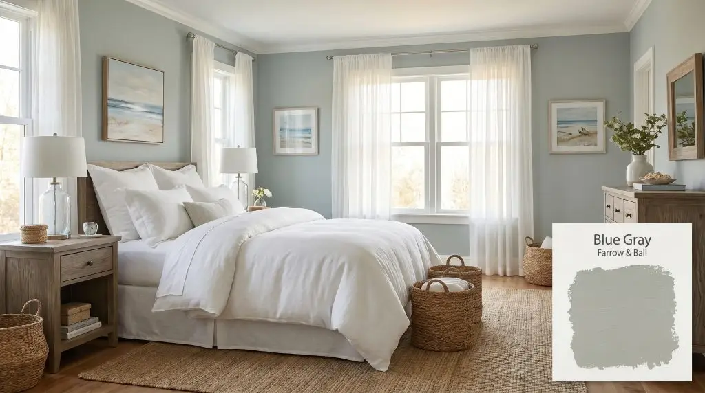 Crisp white linen bedding and weathered oak furniture furnish this coastal transitional bedroom, with walls painted in Blue Gray (Hex #aeb2a4).