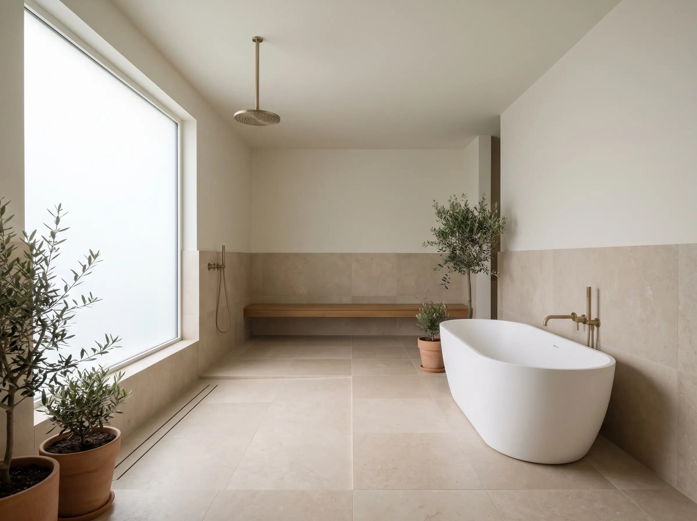 Benjamin Moore Swiss Coffee walls surround a doorless walk-in shower zone containing a freestanding soaking tub resting on large-format stone tiles sloping toward an invisible drain.