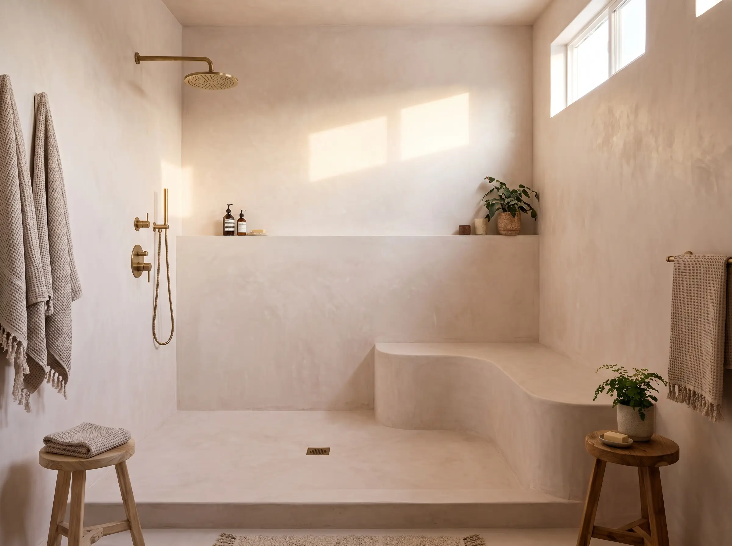 Seamless monolithic tadelakt plaster wraps the walls and floors of a doorless walk-in shower, transitioning into adjacent dry zones painted in Portola Paints El Mirage.