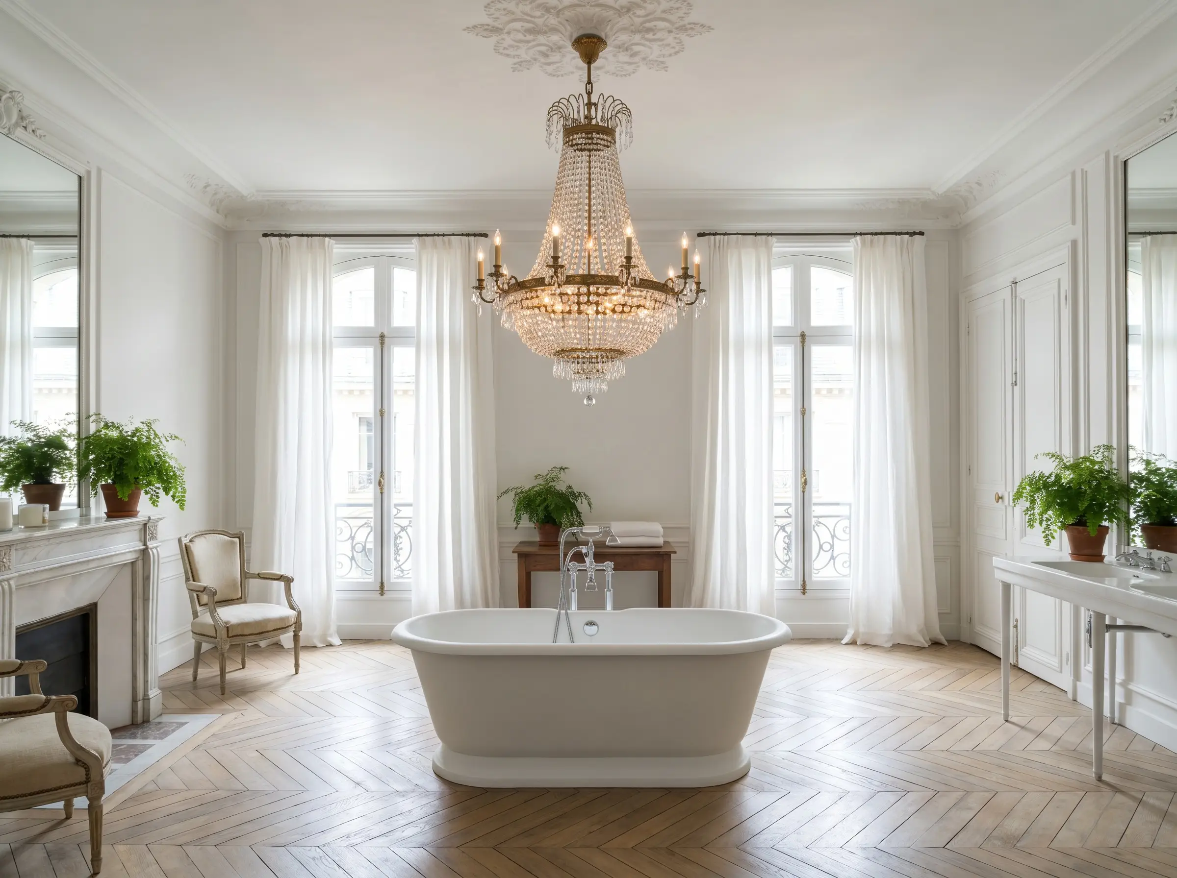 An intricate tiered unlacquered brass vintage chandelier hangs suspended high above a matte white cast-iron soaking tub.