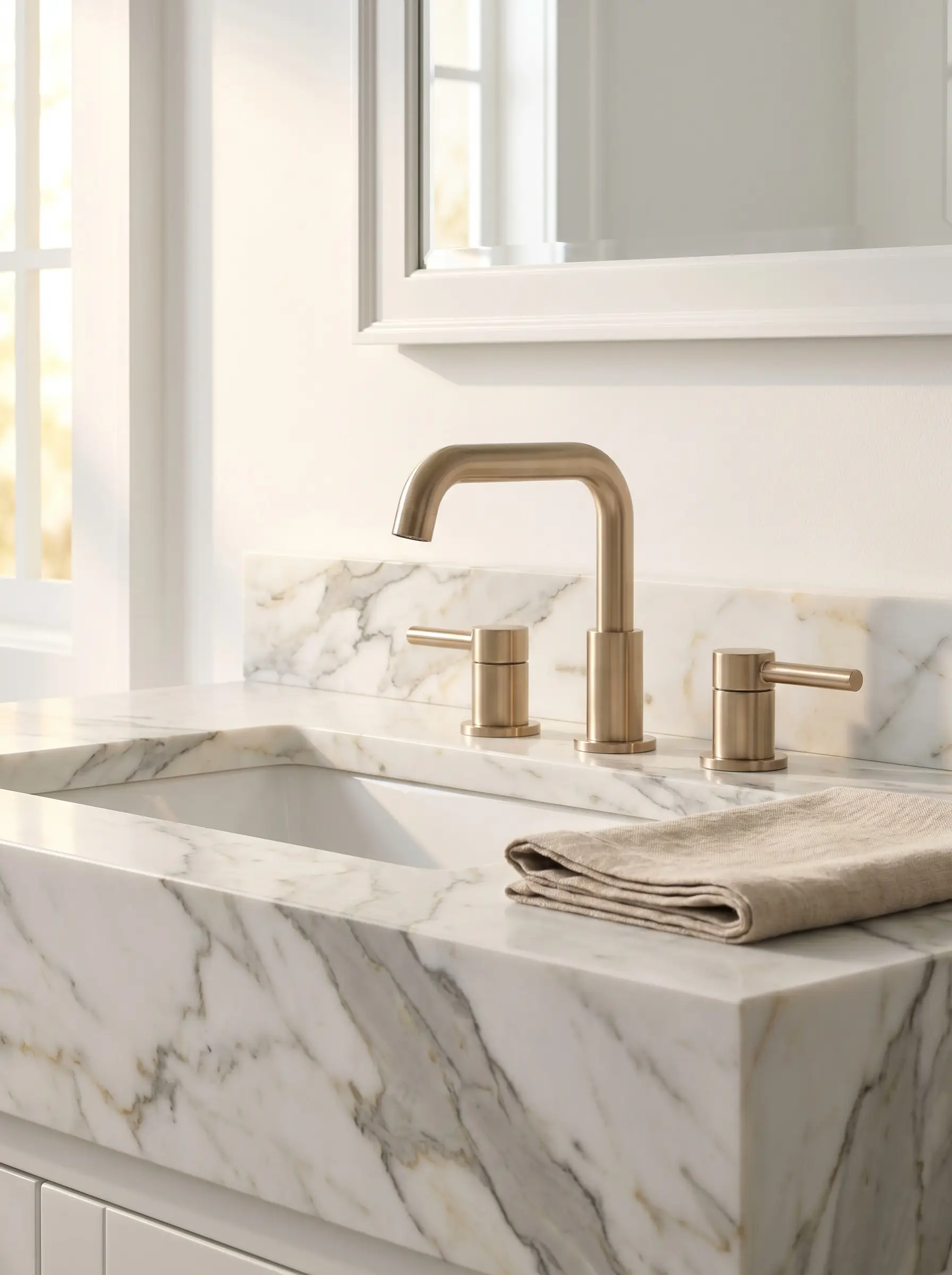 A champagne bronze widespread faucet mounted on a thick mitered Calacatta marble countertop alongside a folded linen hand towel.