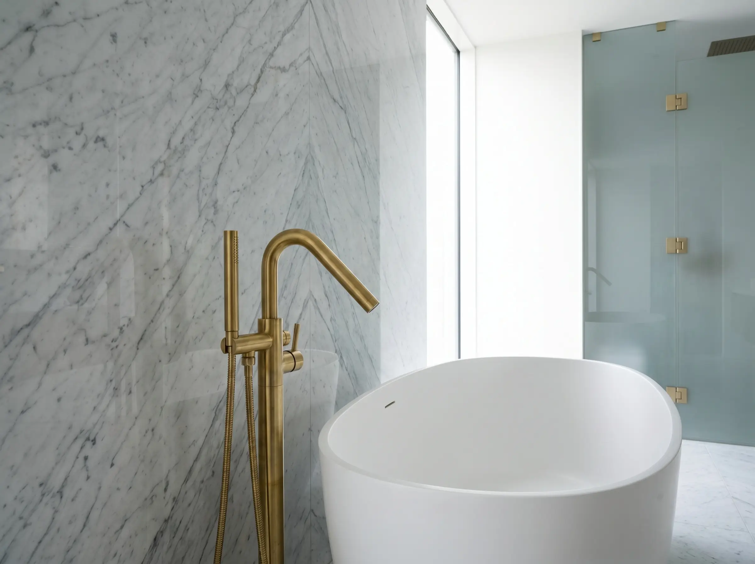 A white and gold bathroom featuring a floor-mounted sculptural brass tub filler beside a freestanding bathtub backed by continuous Carrara marble slabs.