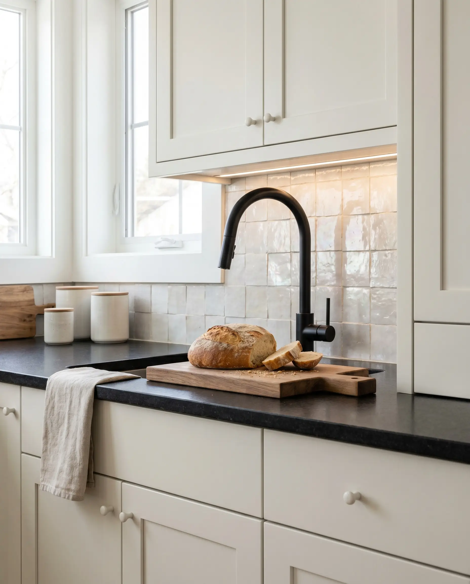 Un-rectified 4x4-inch Moroccan Zellige kitchen backsplash tile meets honed black granite countertops and Benjamin Moore White Dove painted cabinetry featuring a matte black faucet.