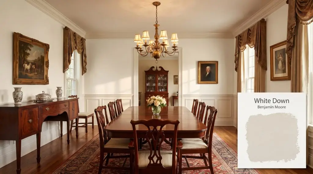 Rich mahogany furniture and an antique brass chandelier sit beneath classic wainscoting and off-white walls in Benjamin Moore OC-131 (Hex #EBE6D7).