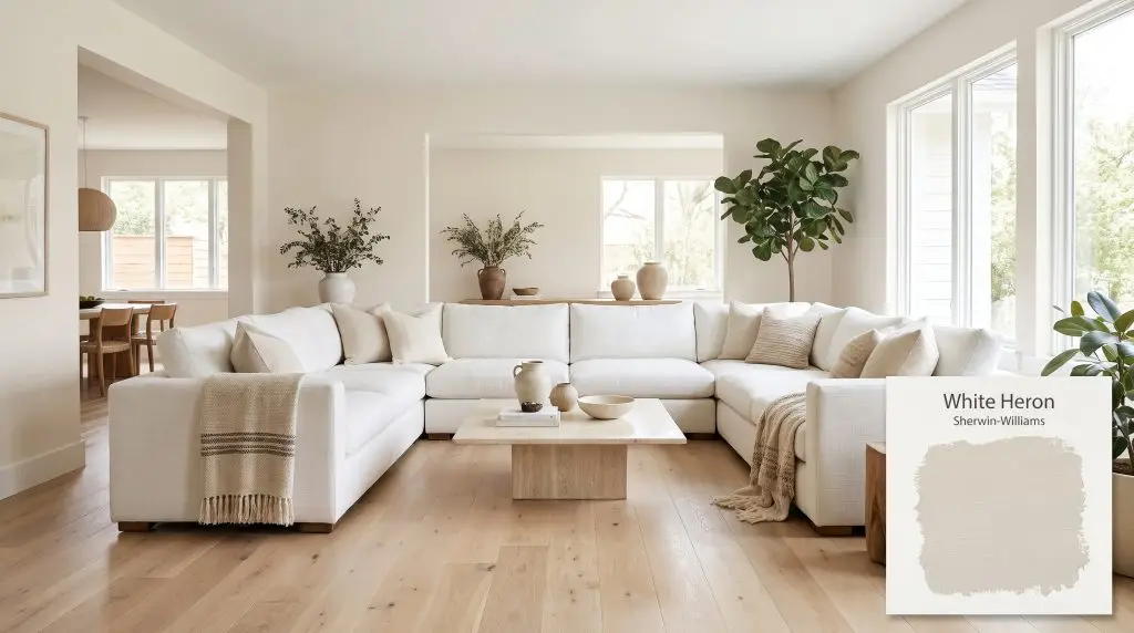 An open-concept living room features a white linen sectional and minimalist travertine coffee table surrounded by warm off-white SW 7627 walls (Hex #E7E1D7).