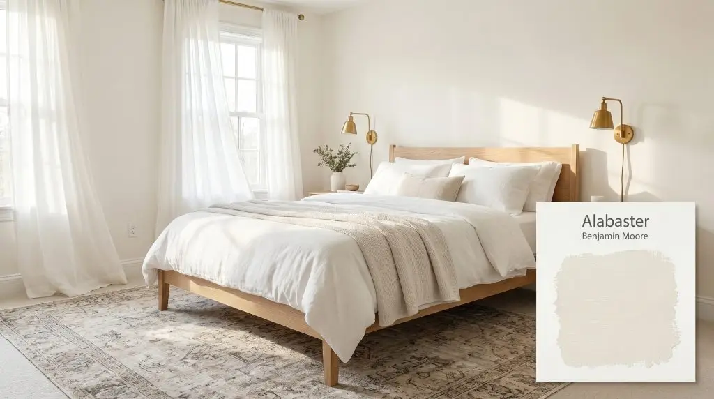 A sunlit bedroom showcasing a white oak bed frame and sheer curtains against warm off-white walls painted in Benjamin Moore Alabaster (Hex #F2EFE8).