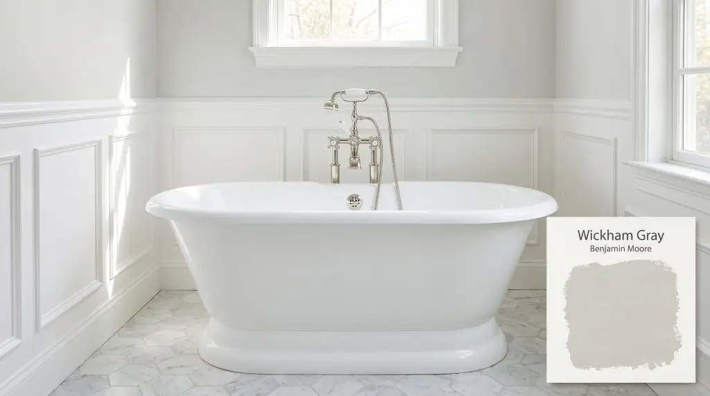 Elegant bathroom displaying classic white wainscoting, a freestanding soaking tub, and upper walls coated in Benjamin Moore Wickham Gray (Hex #D4D8D2).