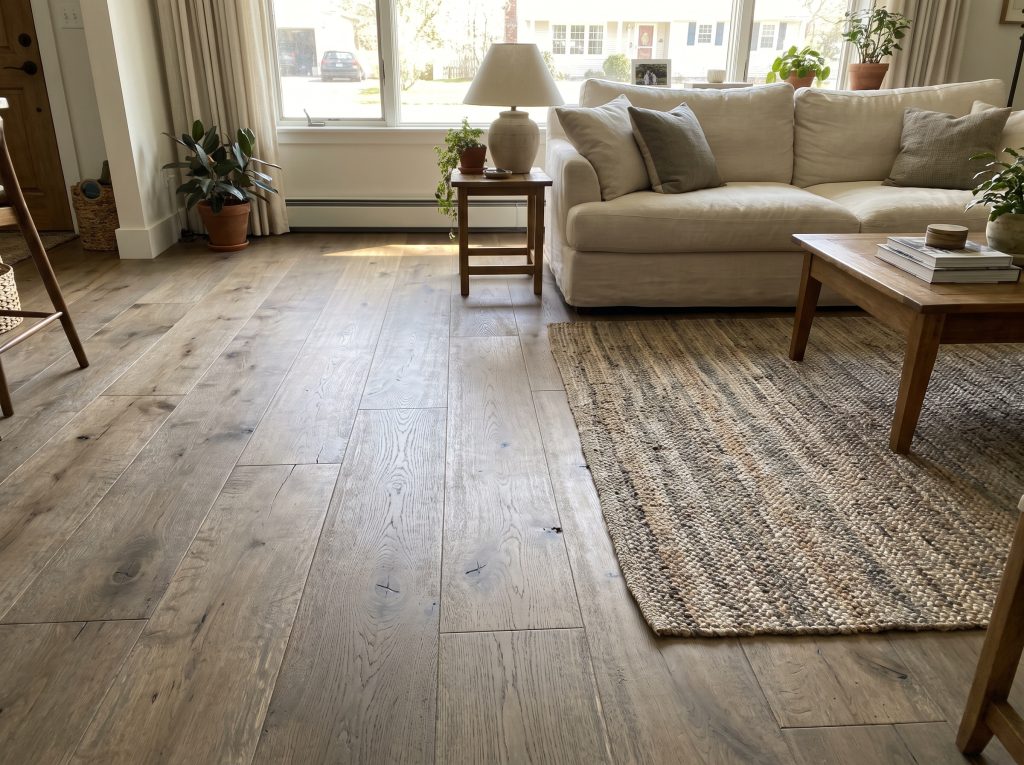 Wide-plank greige French oak boards run parallel beneath a cozy cream linen sofa to warm up modern gray flooring.