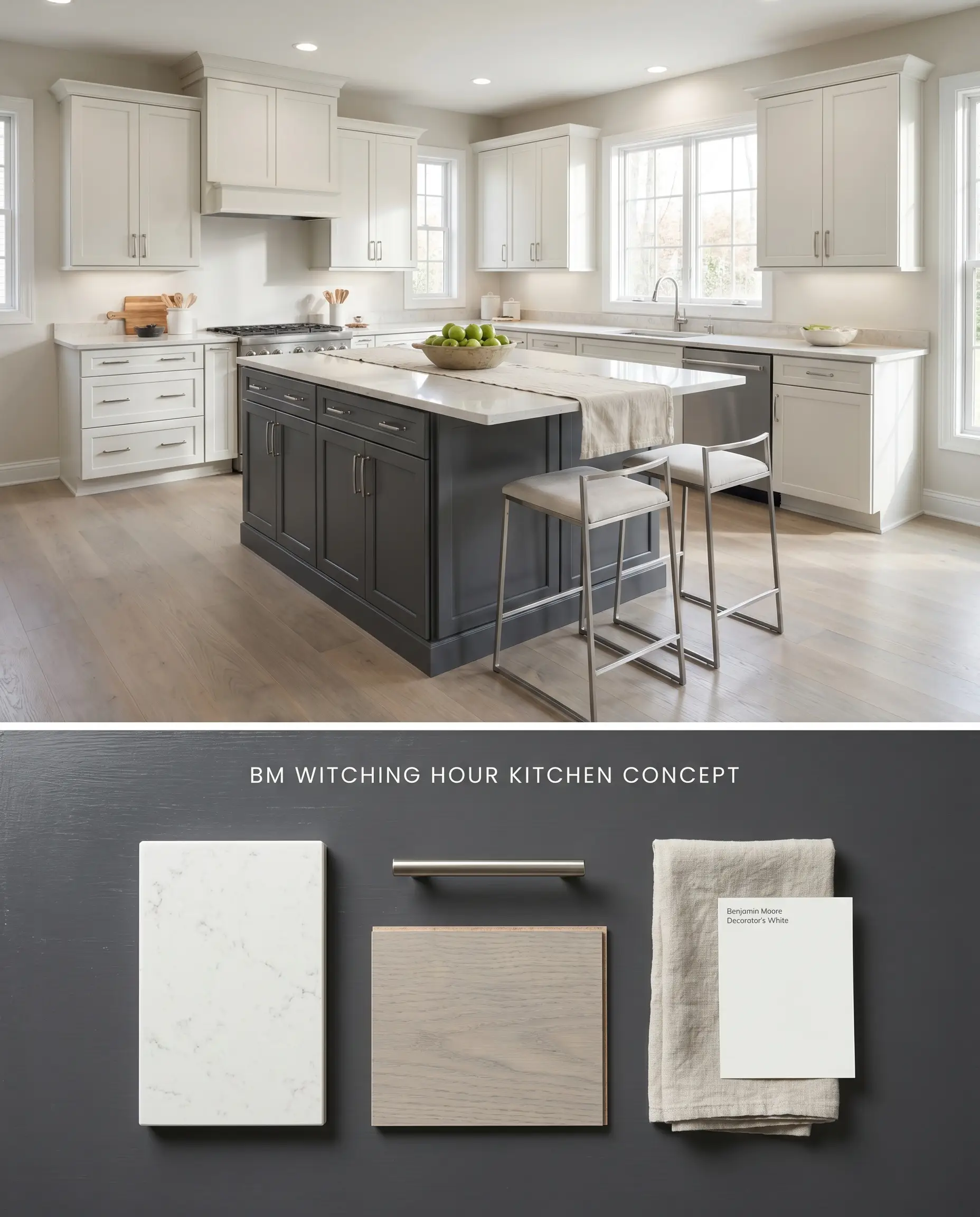 A split digital conceptual board displaying a cool charcoal black central kitchen island above, and a flat-lay of polished quartz, brushed nickel, and ashy oak below.