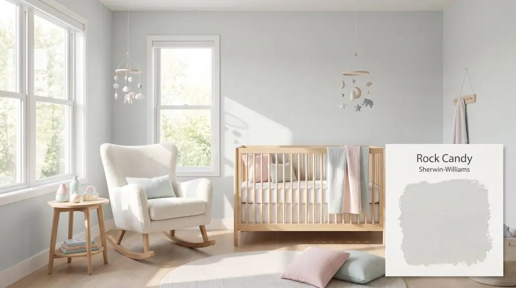 A natural wood crib and white bouclé rocking chair fill a sunlit nursery featuring walls painted in Sherwin-Williams Rock Candy (Hex #DEE1DF).