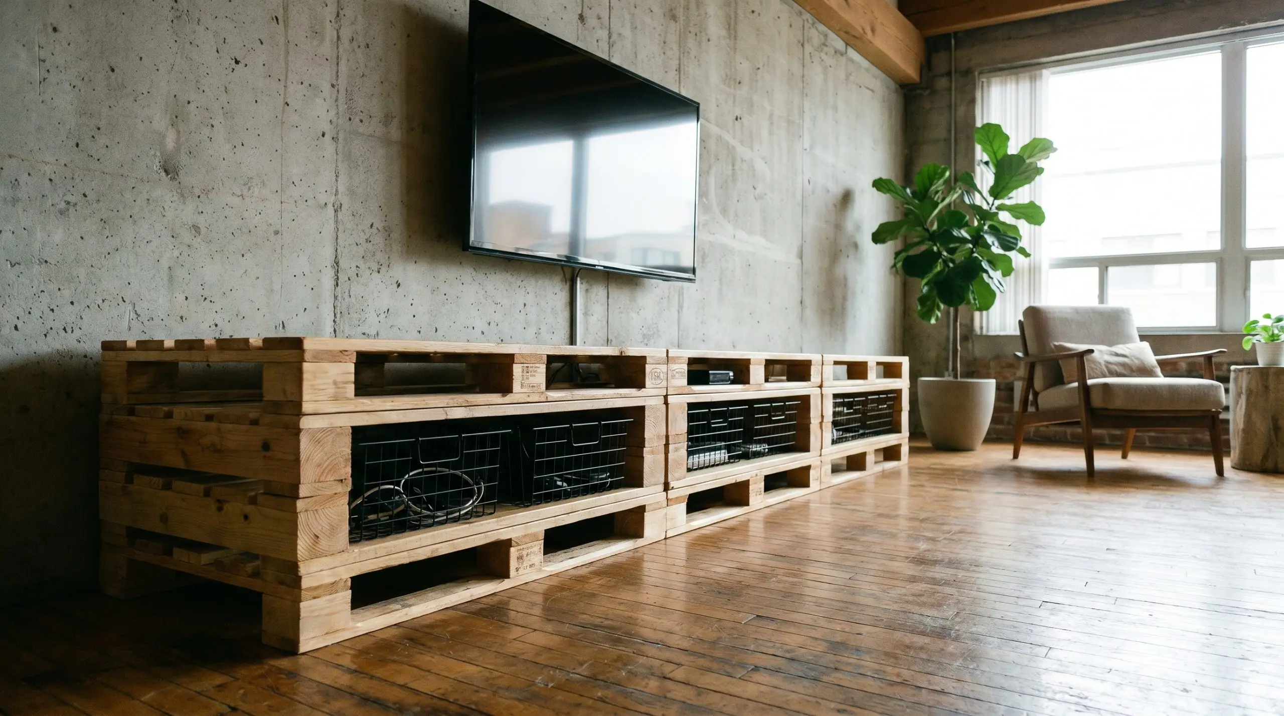 A linear low-profile media console built from single pallets stacked end-to-end features a clear satin polyurethane finish and sliding matte black wire baskets.