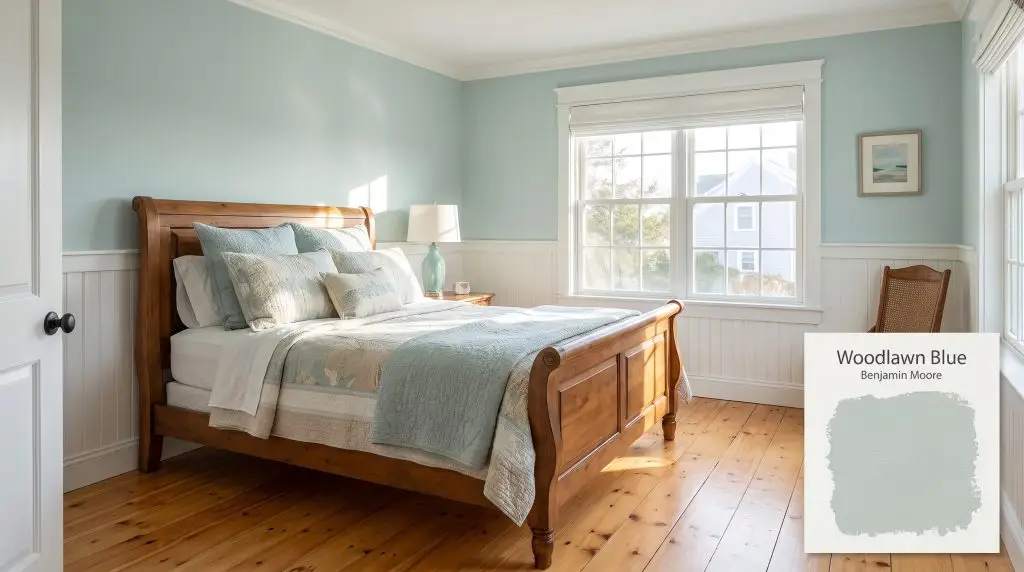 An antique wood bed frame rests on warm pine floors against crisp white wainscoting and blue-green walls in BM HC-147 (Hex #C1D0CA).
