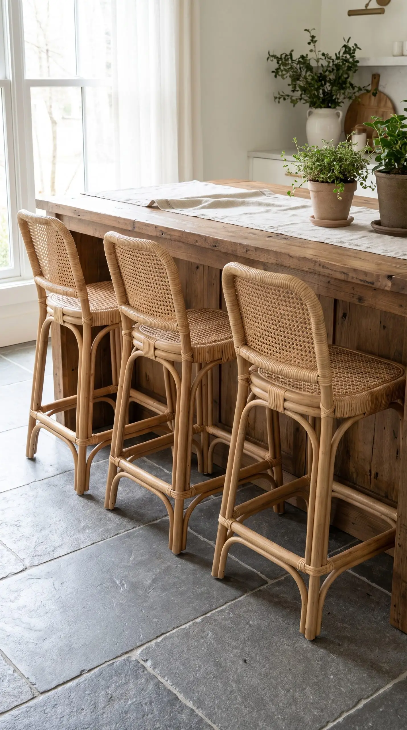 Natural woven rattan and cane barstools tuck under a warm wood kitchen island, introducing biophilic design elements to the hardscape.