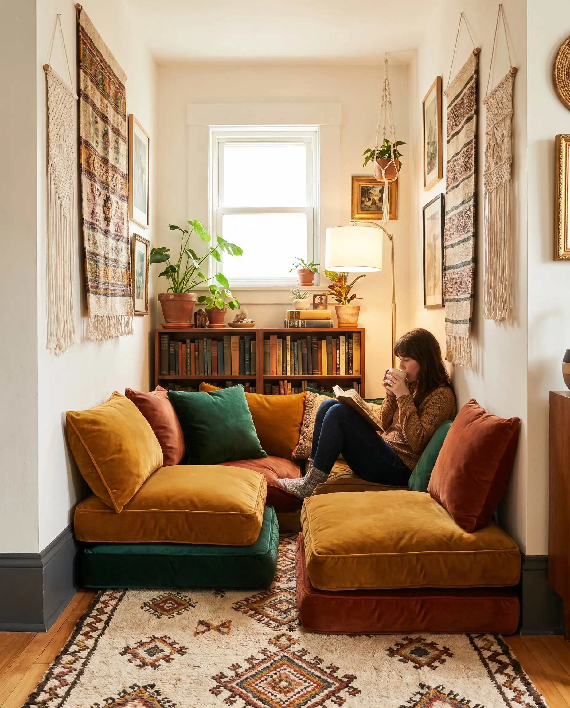 Dense velvet box cushions rest on a vintage Moroccan wool rug beside low bookshelves and baseboards painted in Benjamin Moore Wrought Iron.
