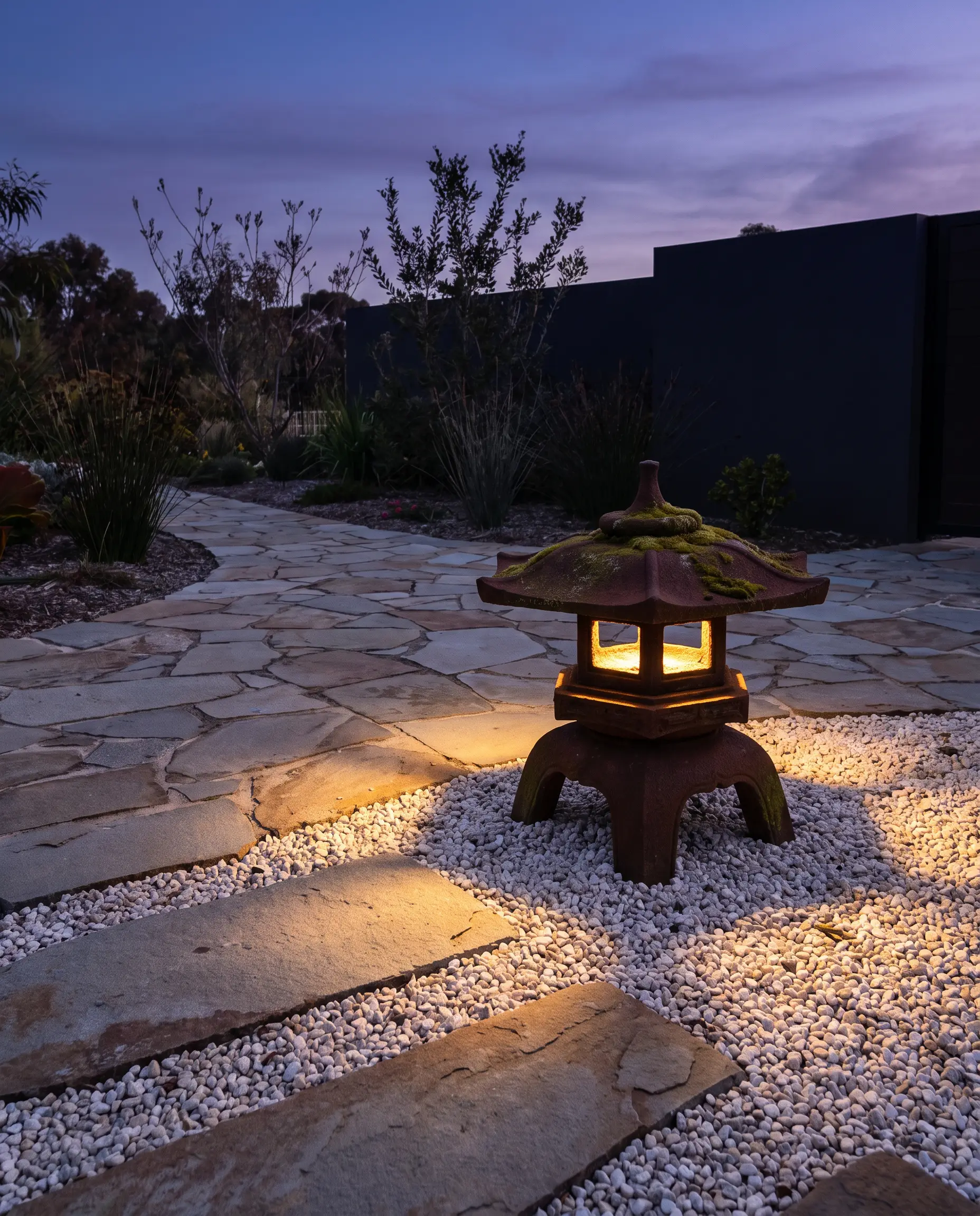 A heavy oxidized cast-iron pagoda lantern sits at the intersection of a meandering flagstone pathway, surrounded by stepping stones and white gravel.